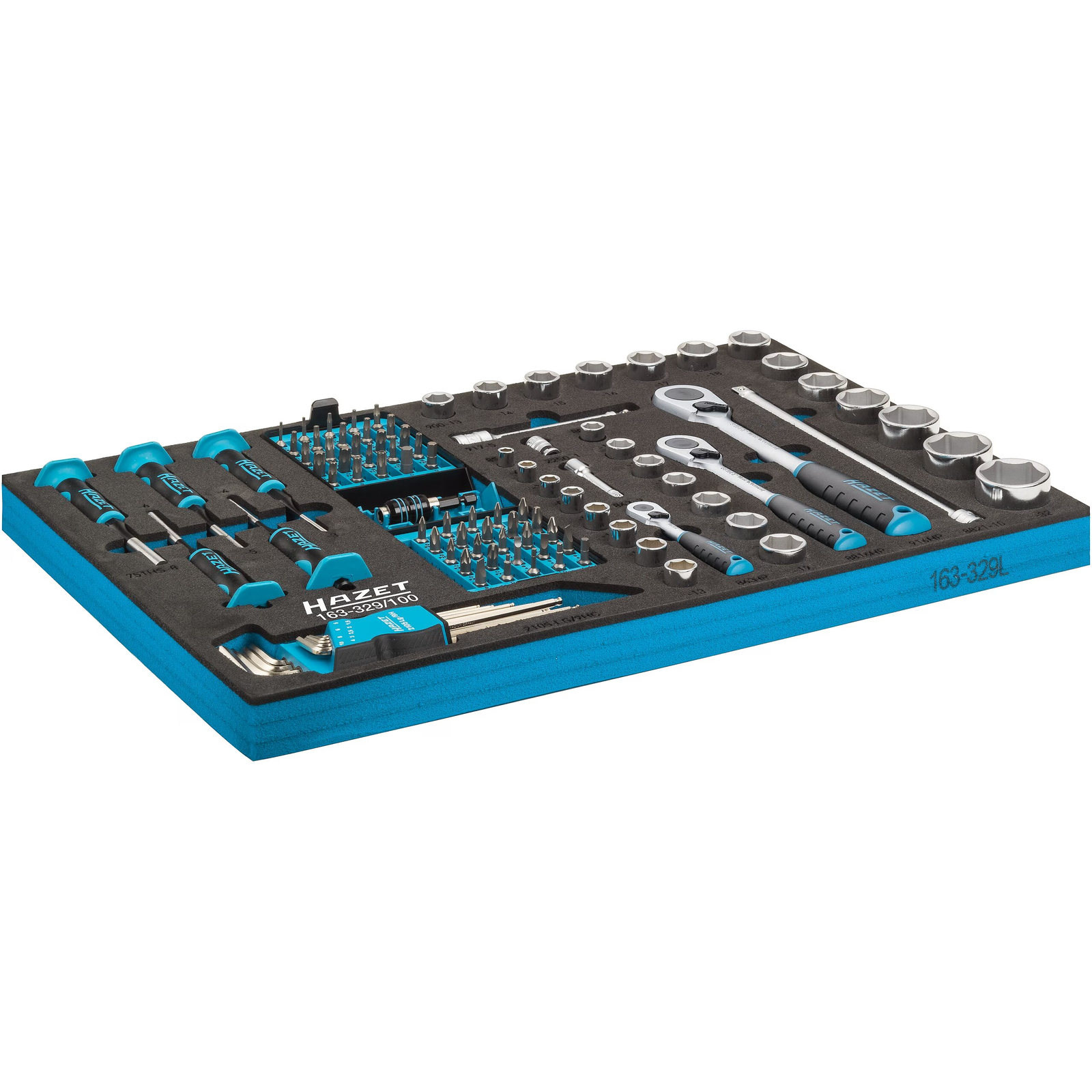 Jeu d'outils 100 pièces carré creux 1/4 3/8 1/2 pouce avec cliquet HiPer mousse bimatière HAZET - 163-329/100