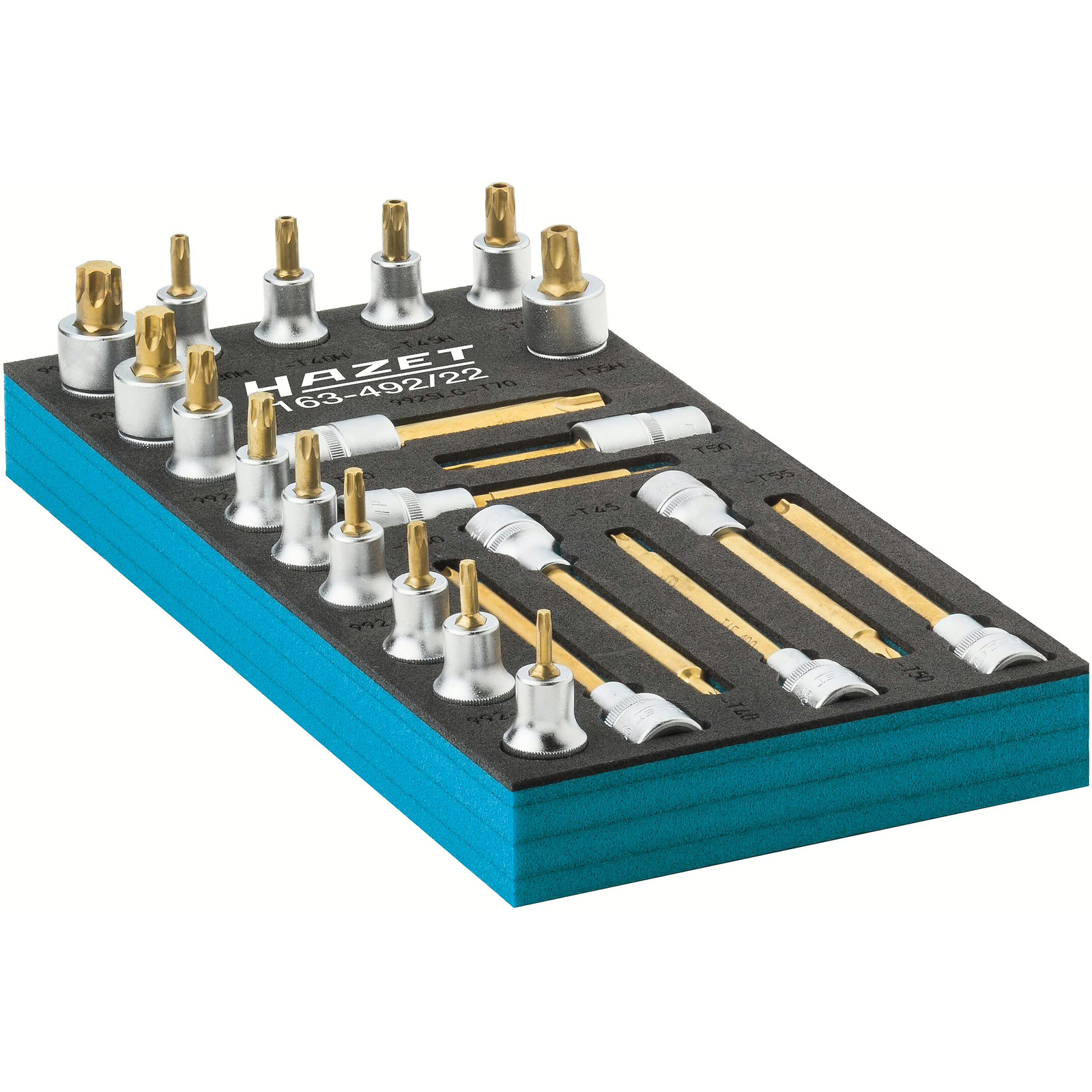 Jeu de douilles mâles TORX 22 pièces 1/2 pouce 12,5 mm revêtement TIN avec mousse Safety-Insert-System HAZET - 163-492/22