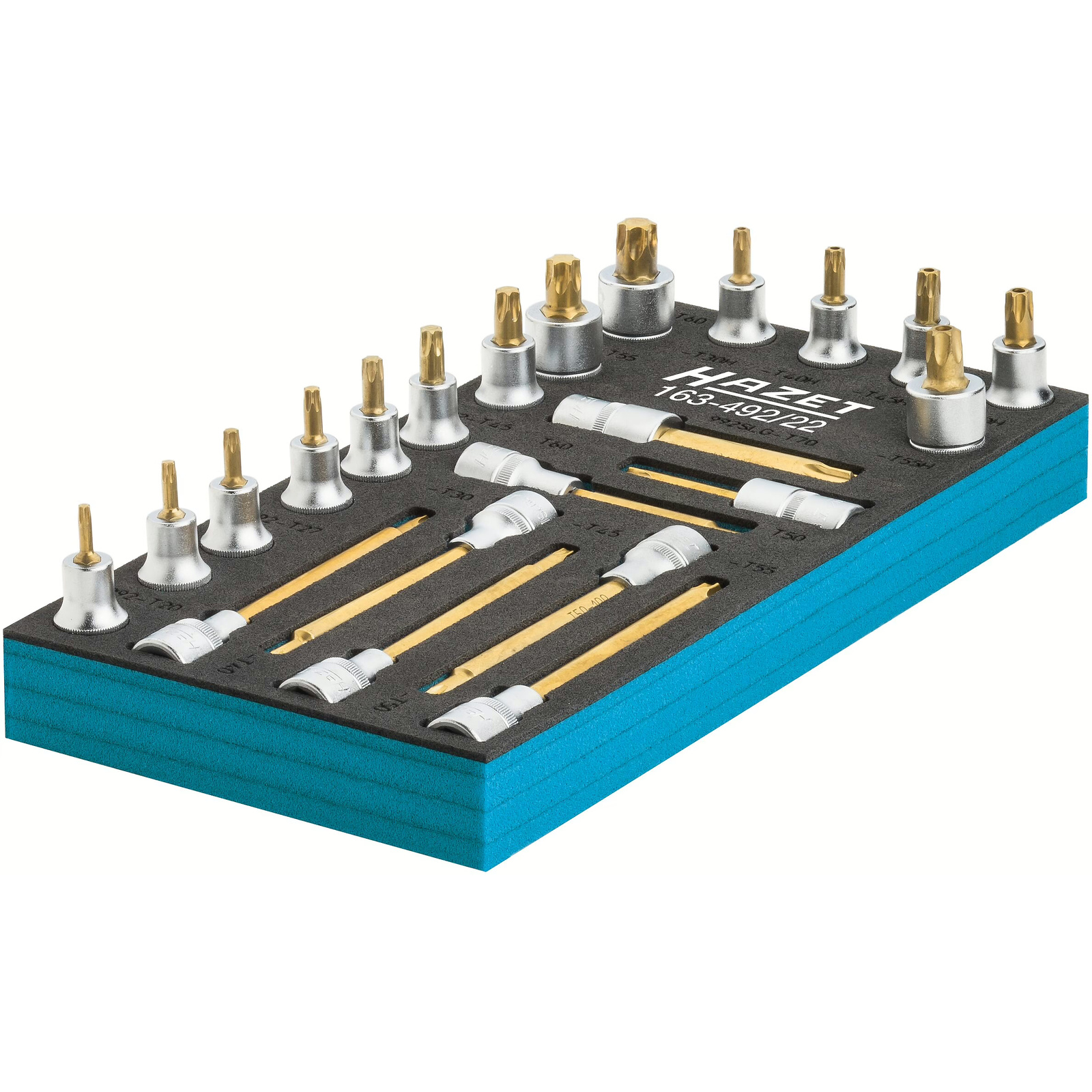 Jeu de douilles mâles TORX 22 pièces 1/2 pouce 12,5 mm revêtement TIN avec mousse Safety-Insert-System HAZET - 163-492/22