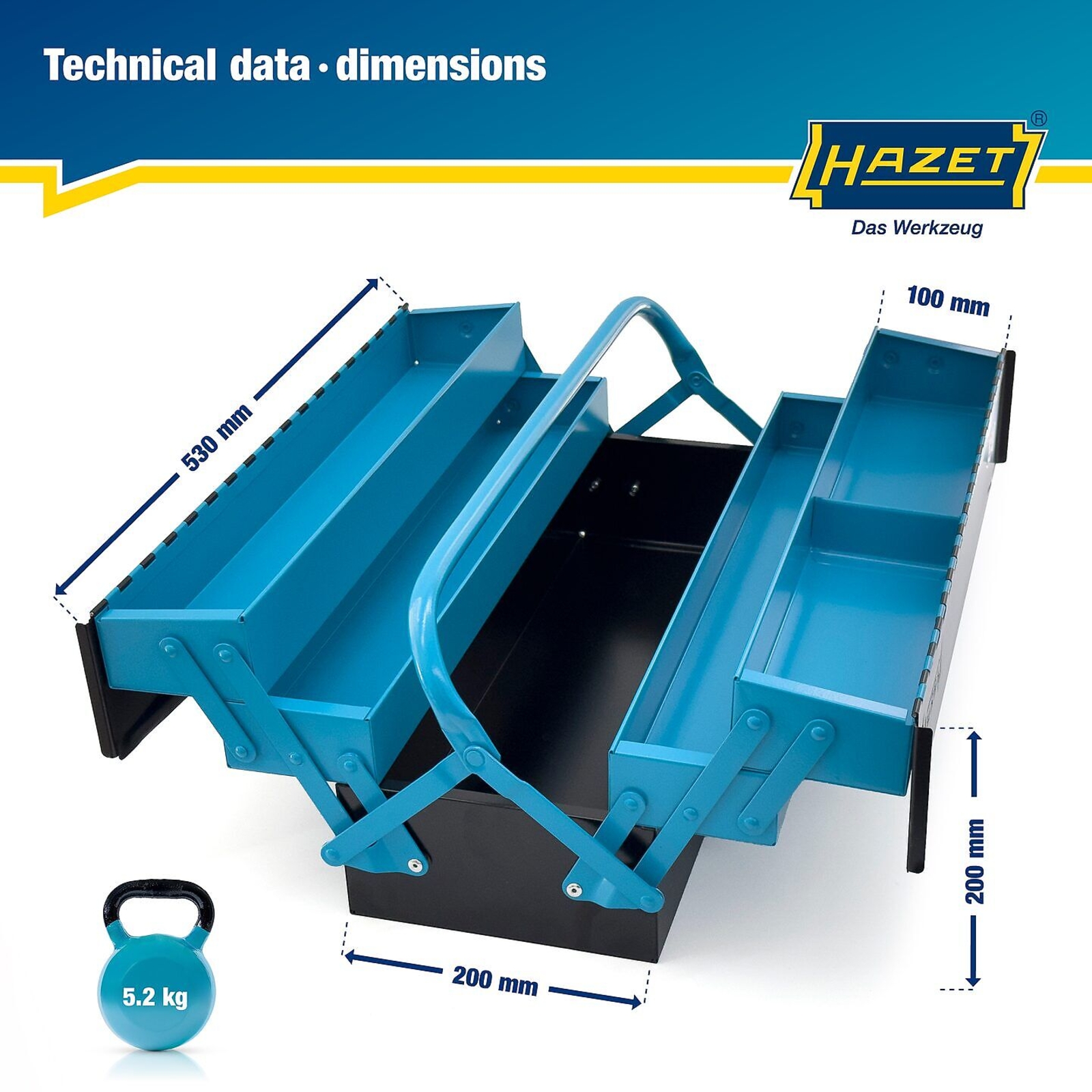 Caisse métallique à outils vide 575 x 210 x 245 mm avec cadenas bleu/noir HAZET - 190L