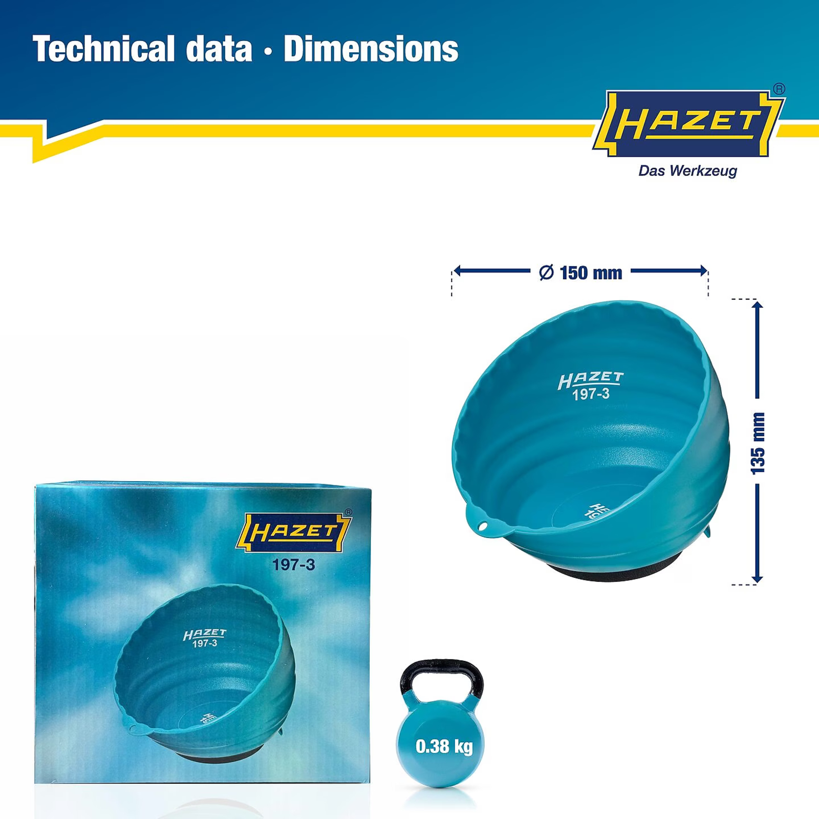 Bol magnétique 150 mm plastique ABS bleu avec aimant caoutchouté 80 mm HAZET - 197-3