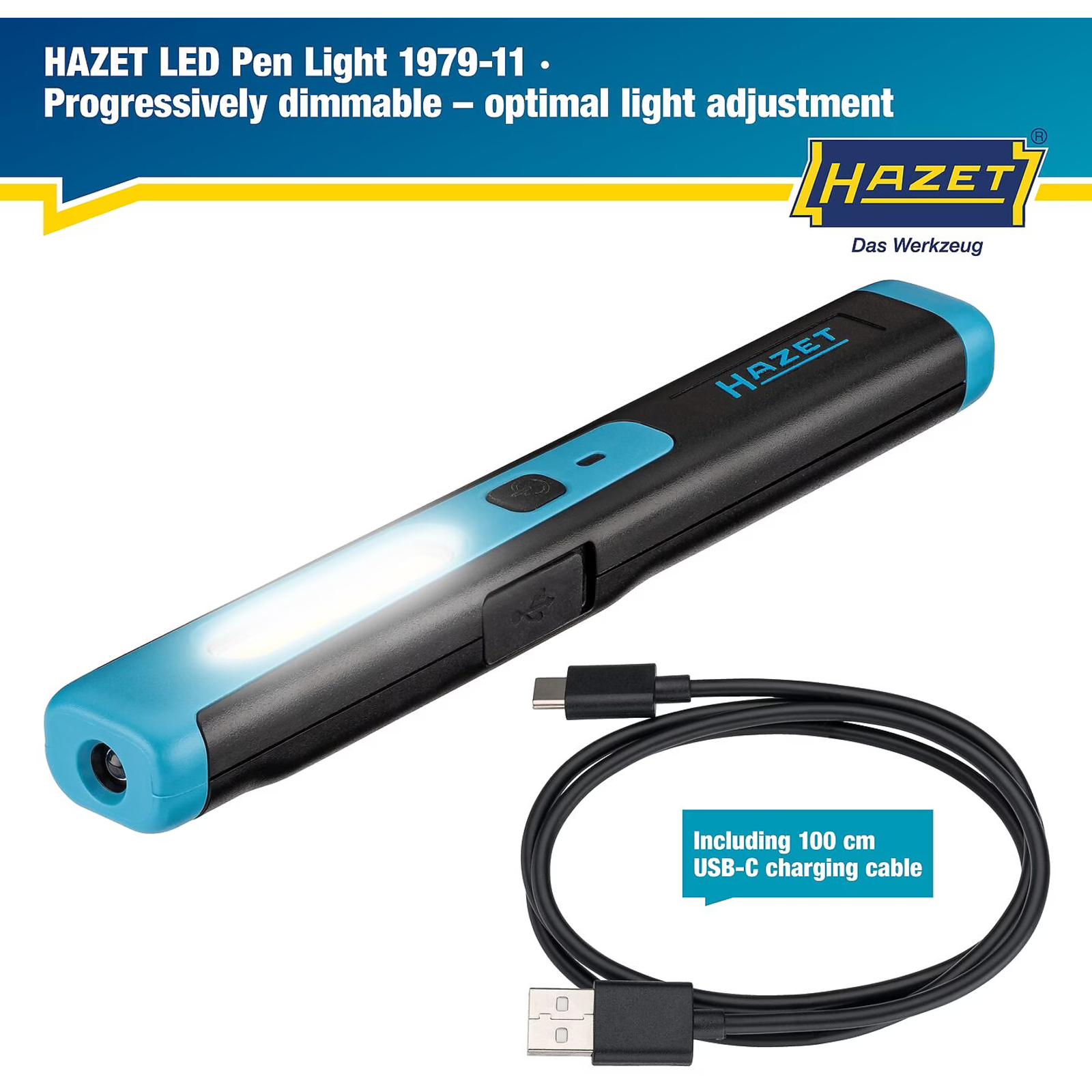 Lampe stylo LED compacte 180 x 25 x 18 mm avec variateur et recharge USB-C HAZET - 1979-11