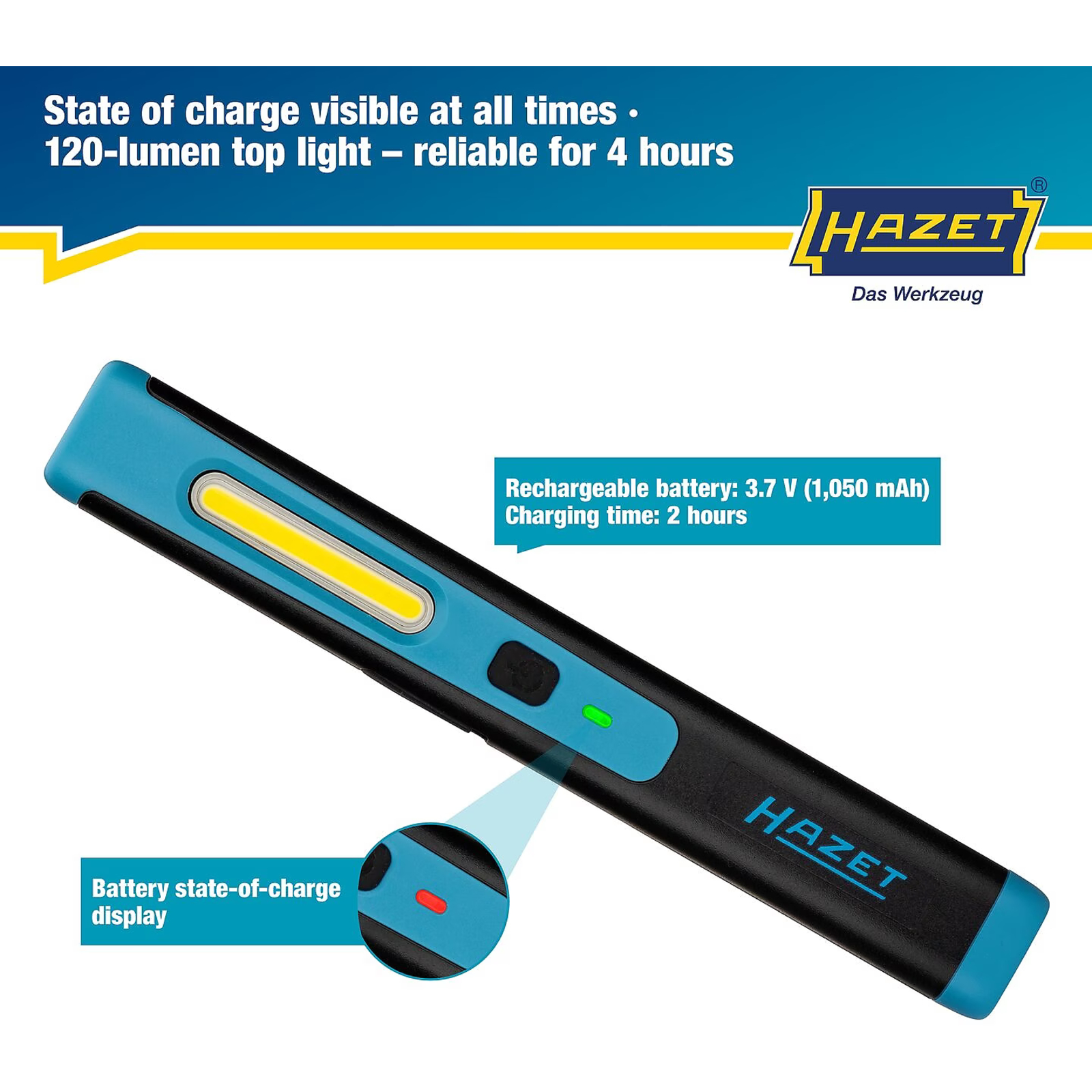 Lampe stylo LED compacte 180 x 25 x 18 mm avec variateur et recharge USB-C HAZET - 1979-11
