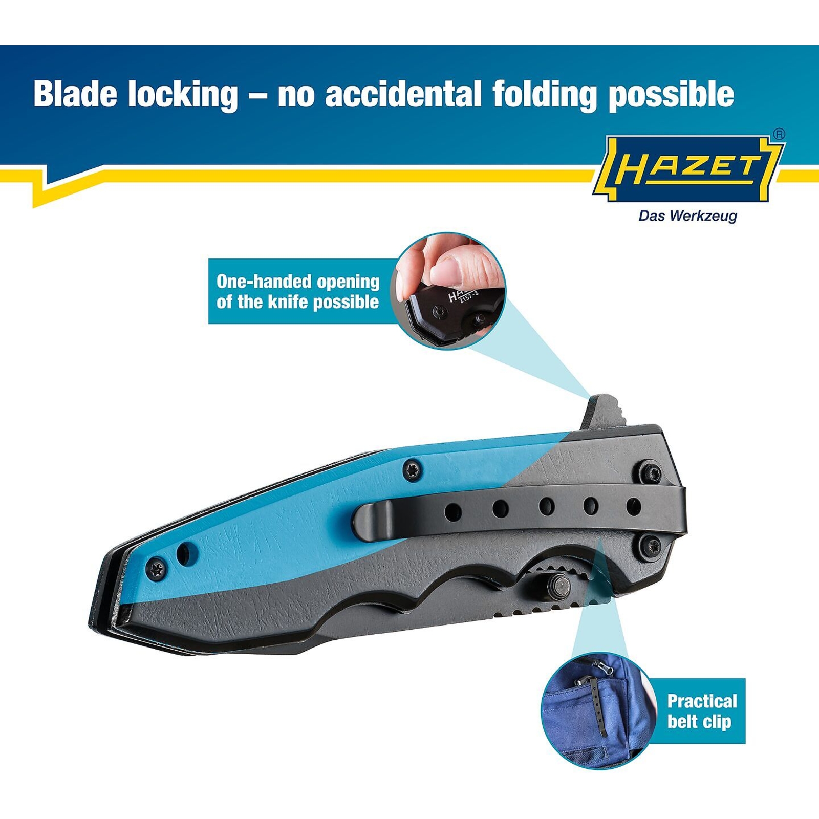 Couteau pliant lame inox 201 mm poignée aluminium avec clip HAZET - 2157-3