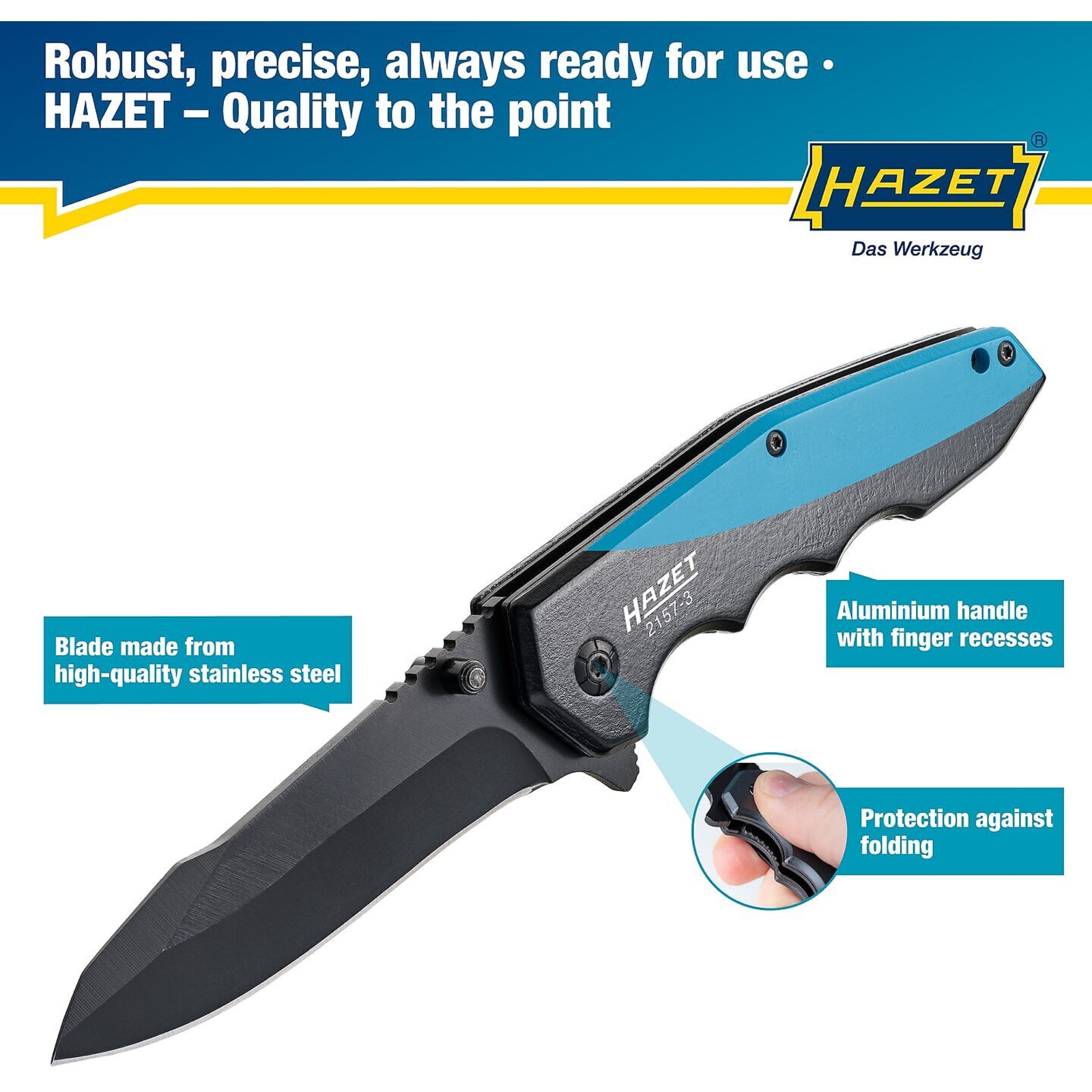 Couteau pliant lame inox 201 mm poignée aluminium avec clip HAZET - 2157-3