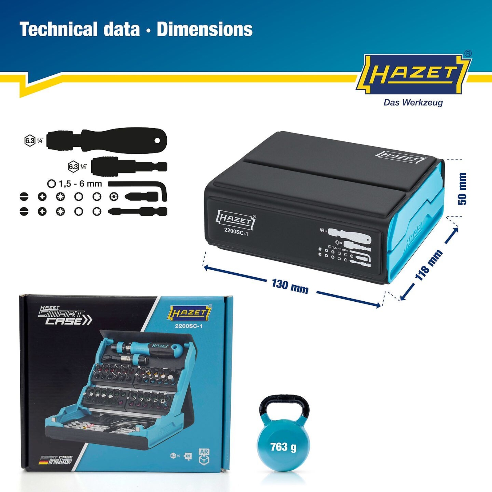 Jeu d'embouts tournevis 69 pièces 25/50 mm profils variés SmartCase HAZET - 2200SC-1