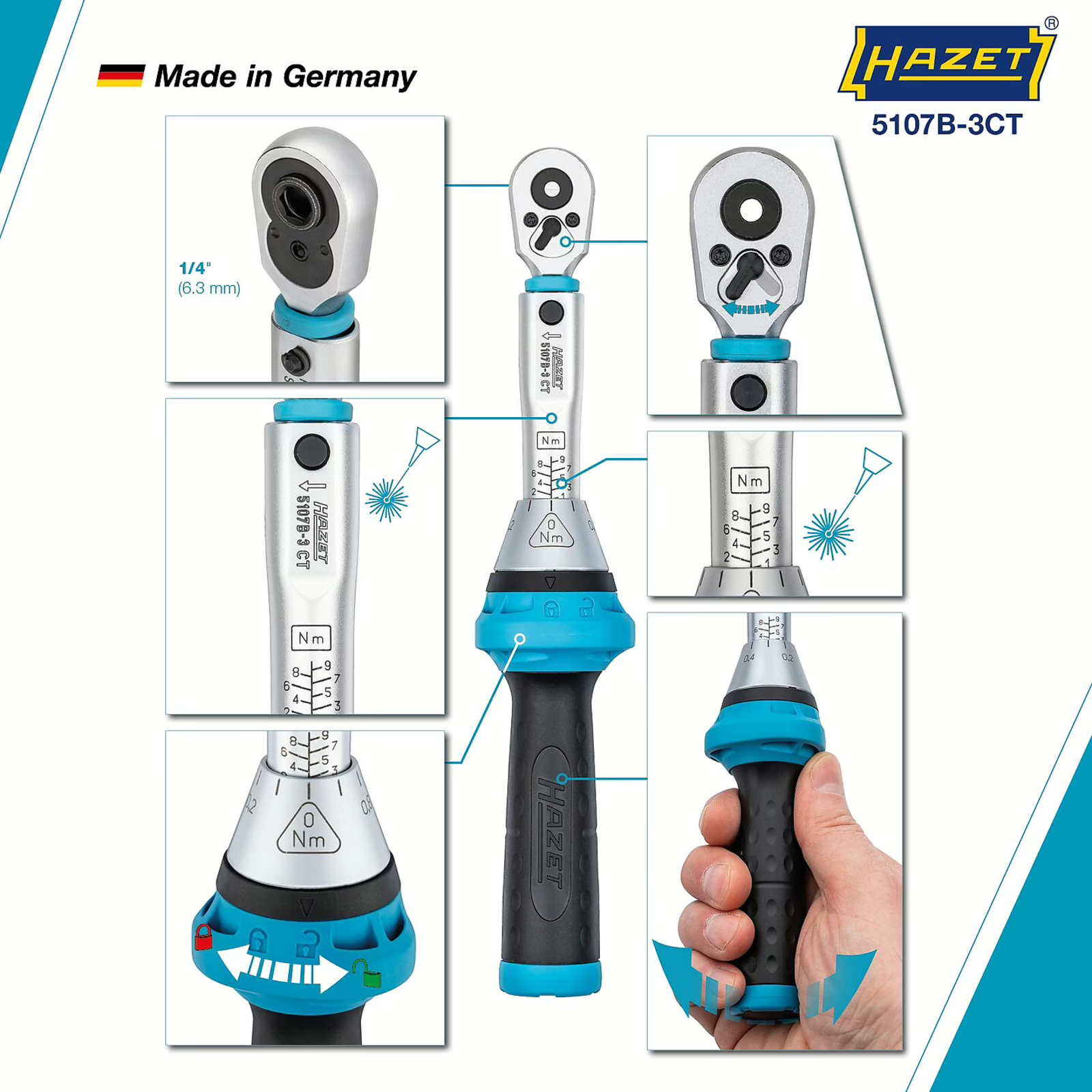 Clé dynamométrique embouts-tournevis 1-9 Nm cliquet réversible 234 mm 4 % HAZET - 5107B-3CT