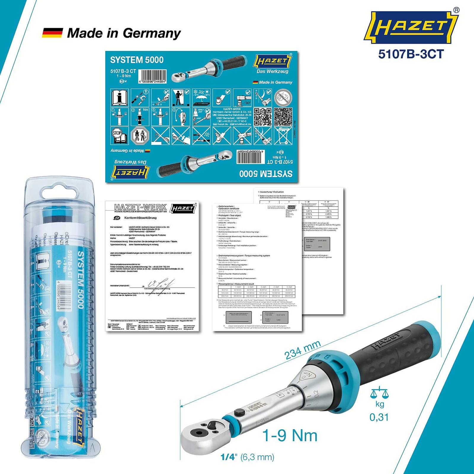 Clé dynamométrique embouts-tournevis 1-9 Nm cliquet réversible 234 mm 4 % HAZET - 5107B-3CT