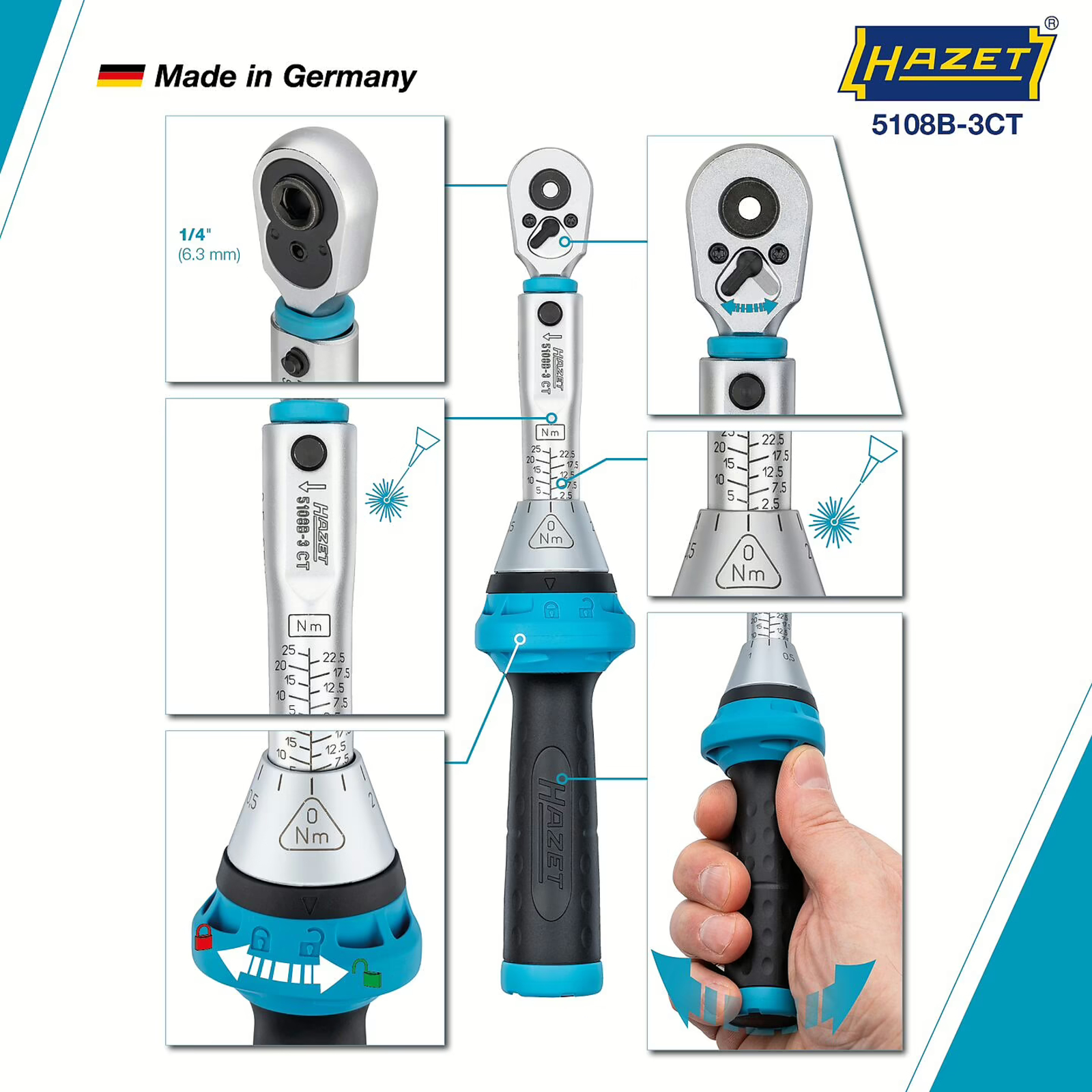 Clé dynamométrique embouts-tournevis 2,5-25 Nm cliquet réversible 234 mm HAZET - 5108B-3CT