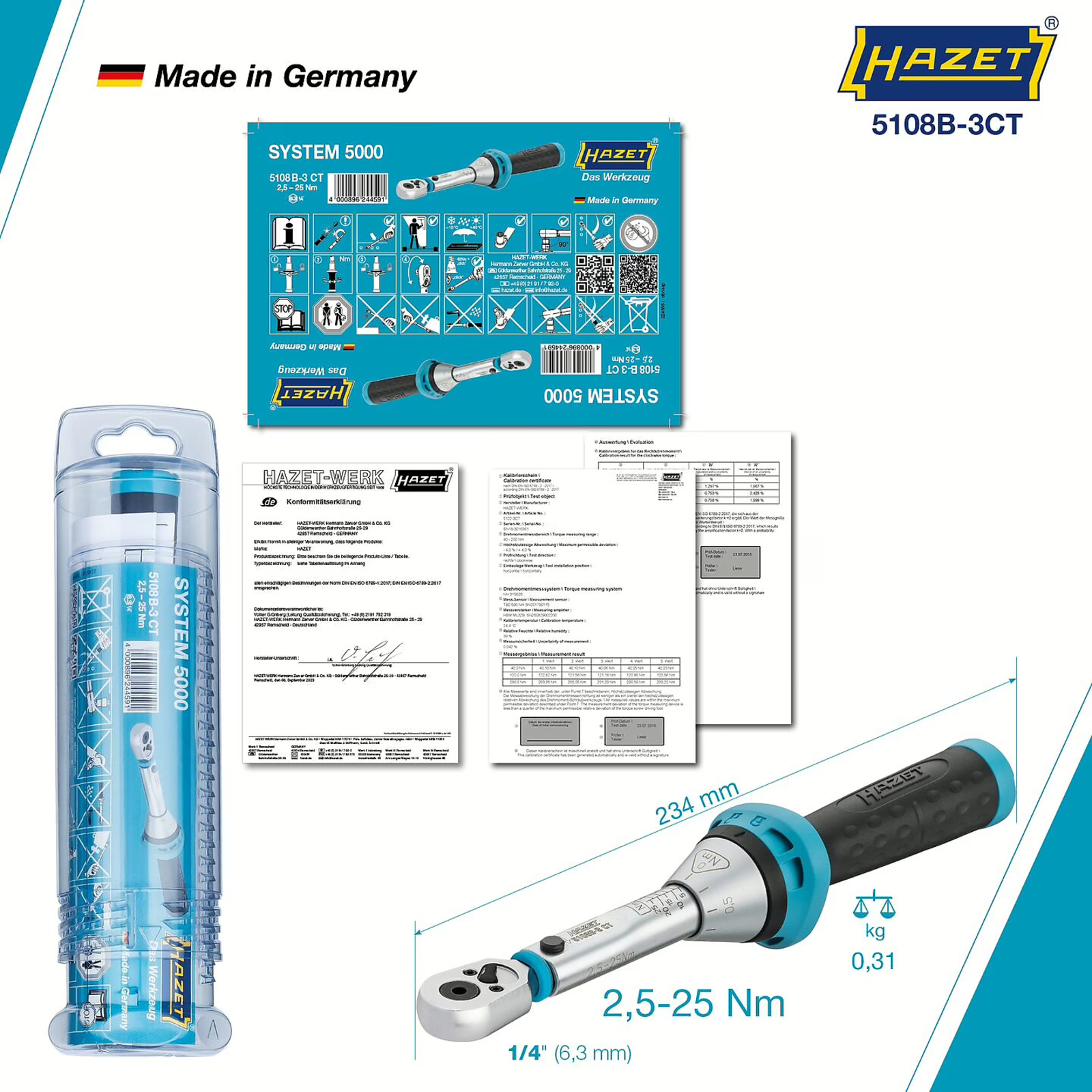 Clé dynamométrique embouts-tournevis 2,5-25 Nm cliquet réversible 234 mm HAZET - 5108B-3CT