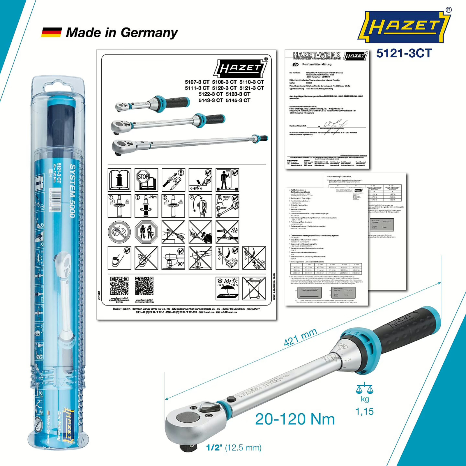 Clé dynamométrique 20-120 Nm précision 3% carré massif levier rotation libre HAZET - 5121-3CT