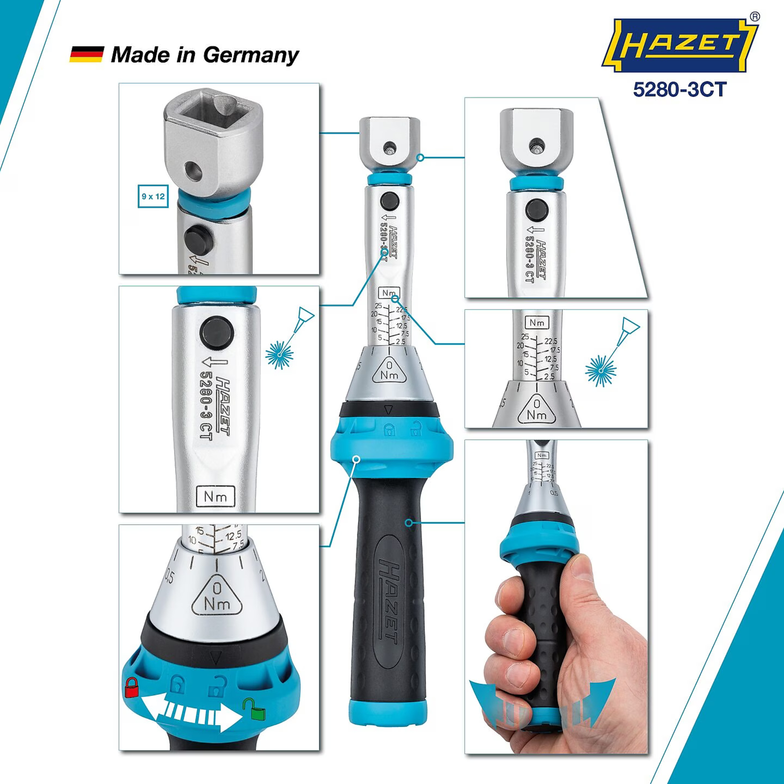Clé dynamométrique 2,5-25 Nm carré femelle 9 x 12 mm précision 3% HAZET - 5280-3CT