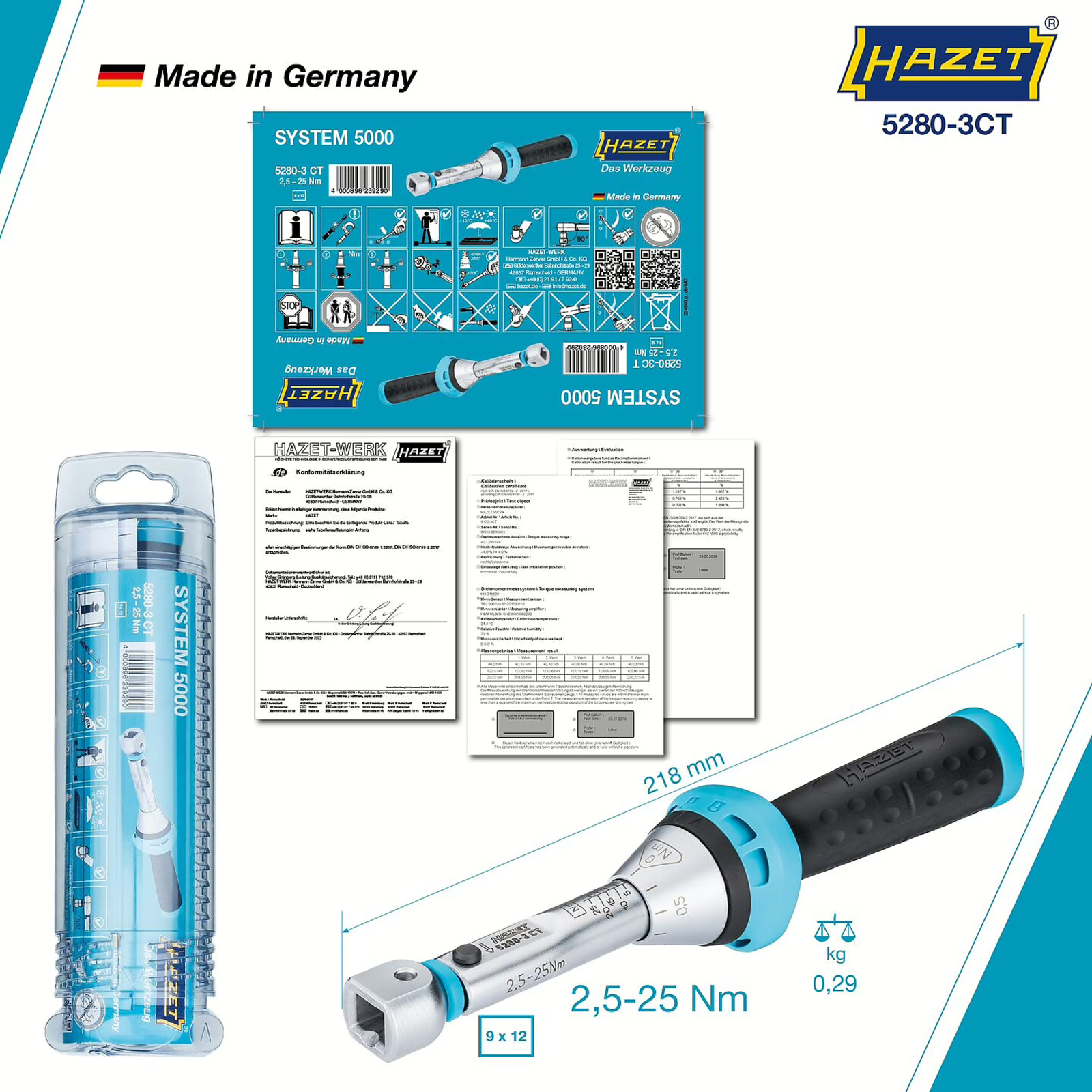 Clé dynamométrique 2,5-25 Nm carré femelle 9 x 12 mm précision 3% HAZET - 5280-3CT