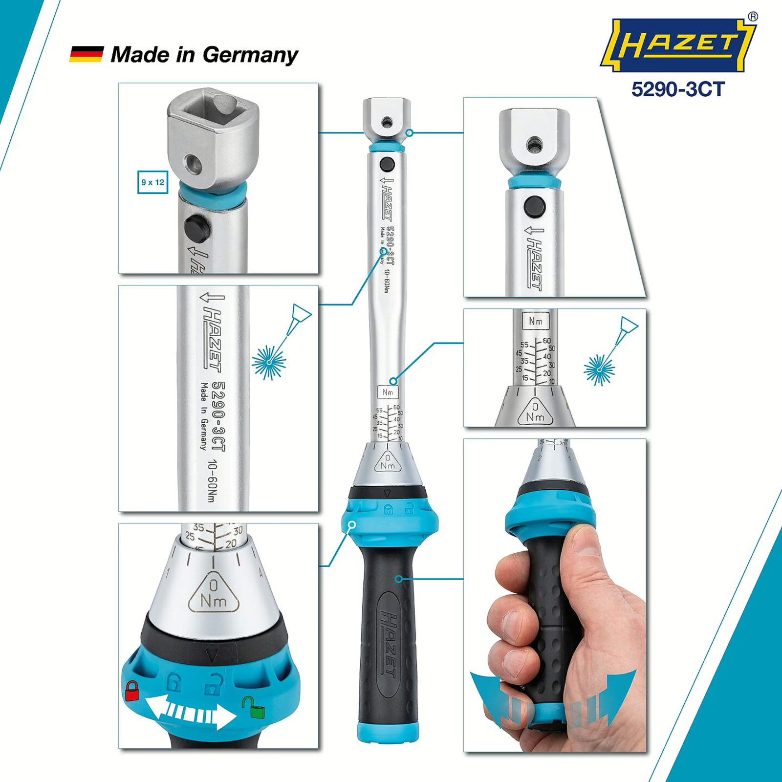 Clé dynamométrique 10-60 Nm carré femelle 9 x 12 3% précision HAZET - 5290-3CT