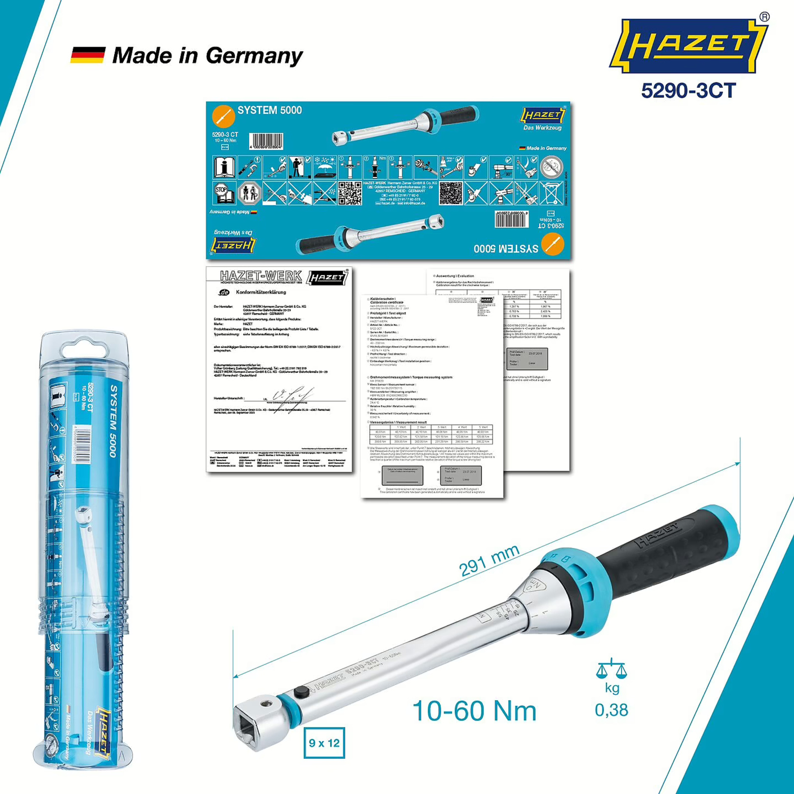 Clé dynamométrique 10-60 Nm carré femelle 9 x 12 3% précision HAZET - 5290-3CT