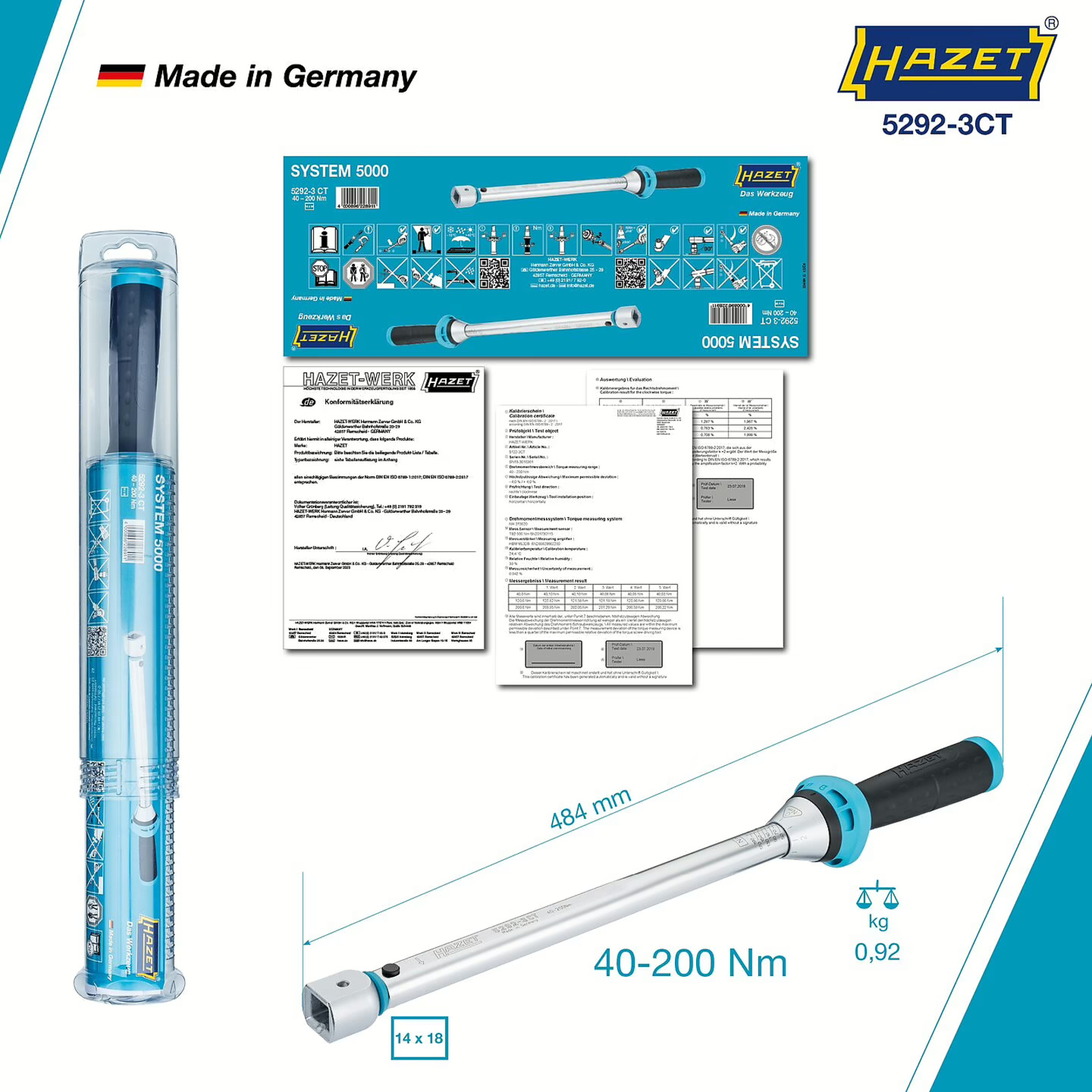 Clé dynamométrique 40-200 Nm carré femelle 14 x 18 mm précision 3% HAZET - 5292-3CT