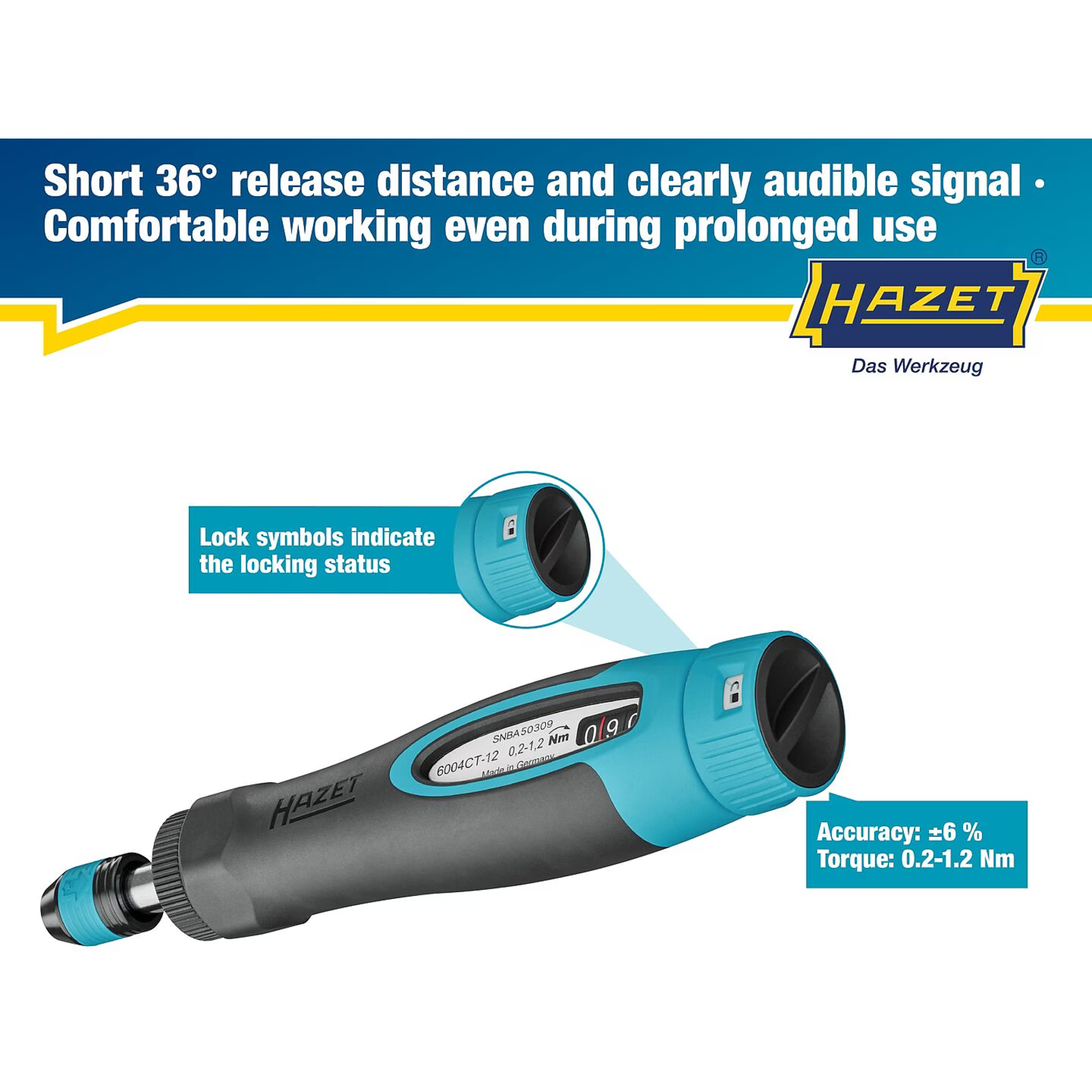 Tournevis dynamométrique 0,2-1,2 Nm manche bimatière ergonomique HAZET - 6004CT-12