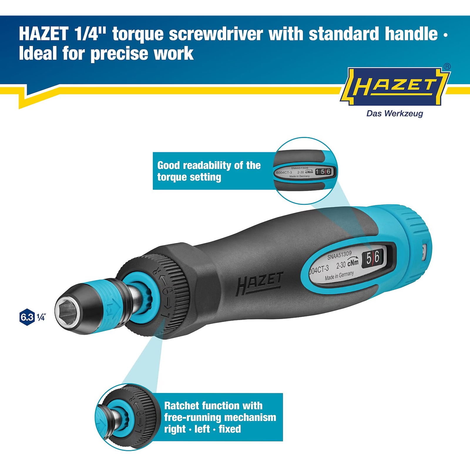 Tournevis dynamométrique 0,02-0,3 Nm manche bimatière ergonomique HAZET - 6004CT-3