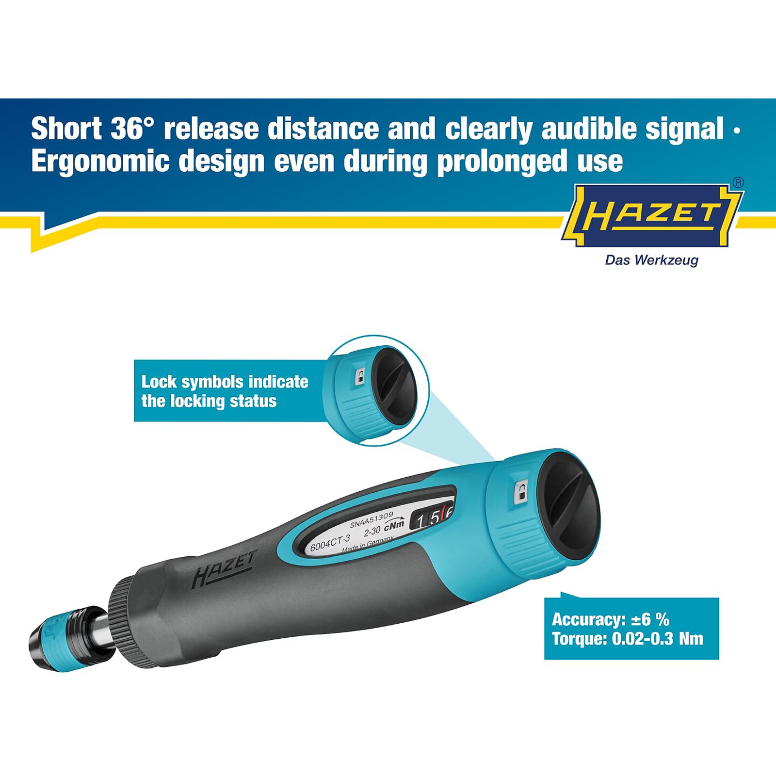 Tournevis dynamométrique 0,02-0,3 Nm manche bimatière ergonomique HAZET - 6004CT-3