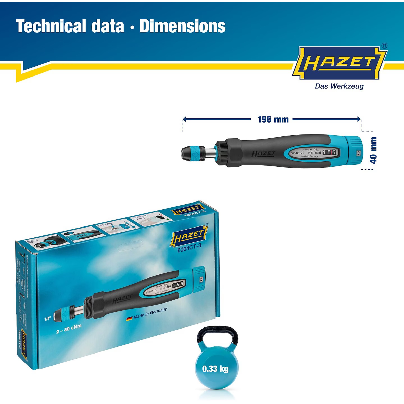 Tournevis dynamométrique 0,02-0,3 Nm manche bimatière ergonomique HAZET - 6004CT-3
