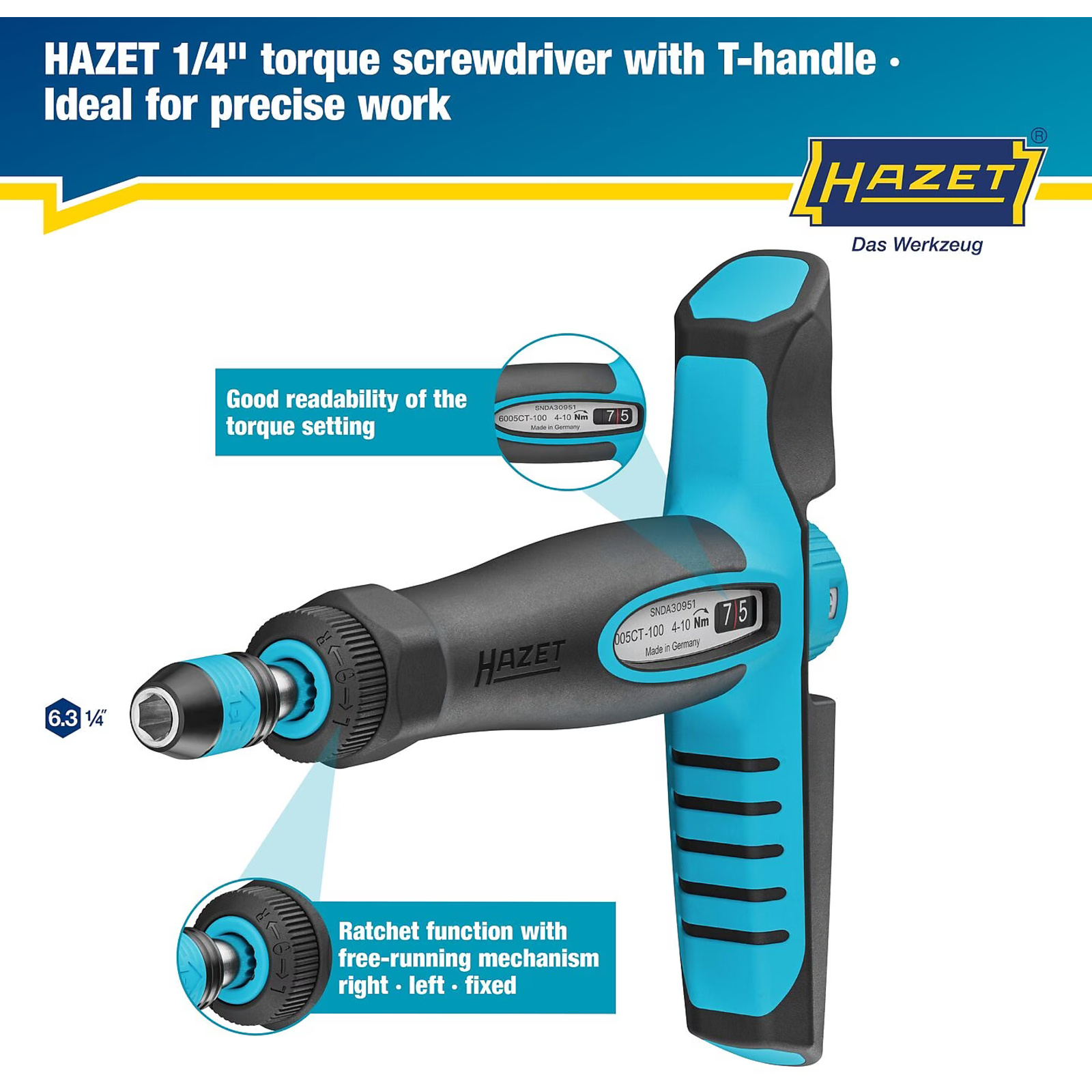 Tournevis dynamométrique 4-10 Nm poignée en T bimatière ergonomique HAZET - 6005CT-100