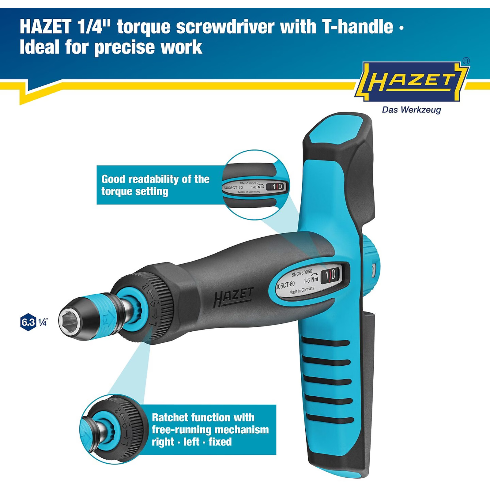 Tournevis dynamométrique 1-6 Nm poignée en T bimatière HAZET - 6005CT-60