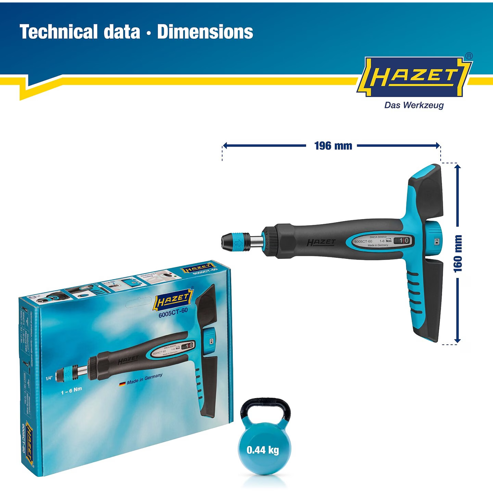 Tournevis dynamométrique 1-6 Nm poignée en T bimatière HAZET - 6005CT-60