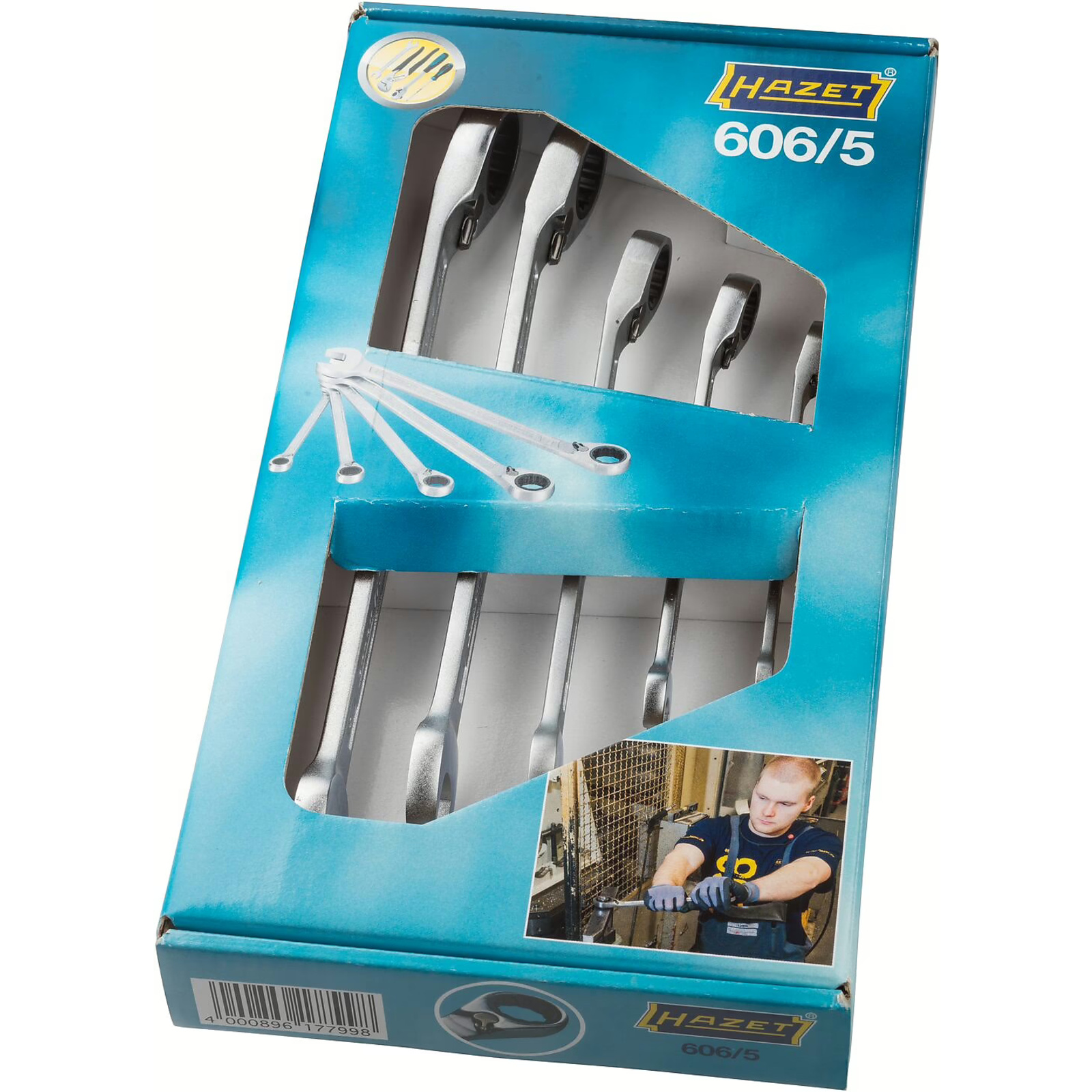 Jeu de clés mixtes à cliquet 5 pièces 8-19 mm profil Traction 12 pans chromé HAZET - 606/5