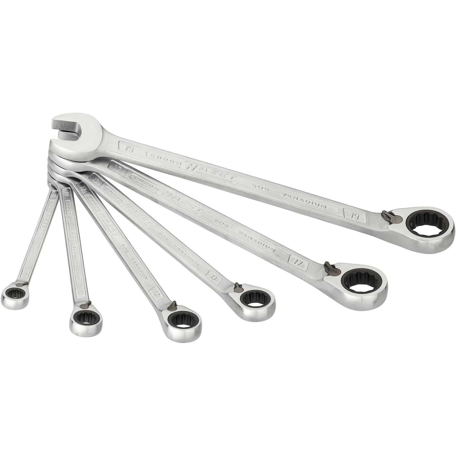 Jeu de clés mixtes à cliquet 6 pièces 8-19 mm Profil Traction 12 pans chromé HAZET - 606N/6