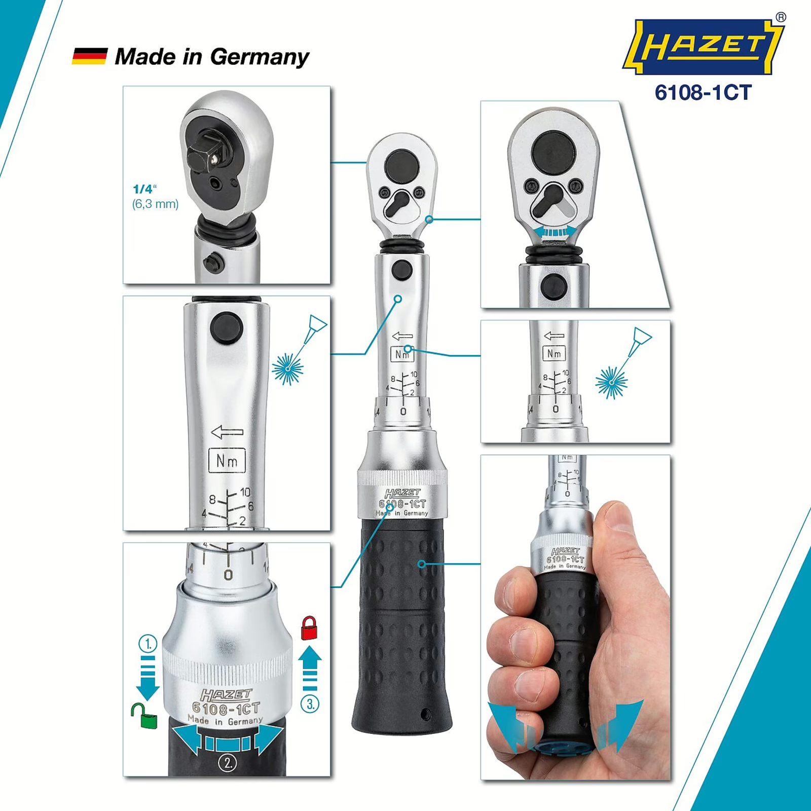 Clé dynamométrique 2-10 Nm précision 2% carré massif 1/4 pouce HAZET - 6108-1CT