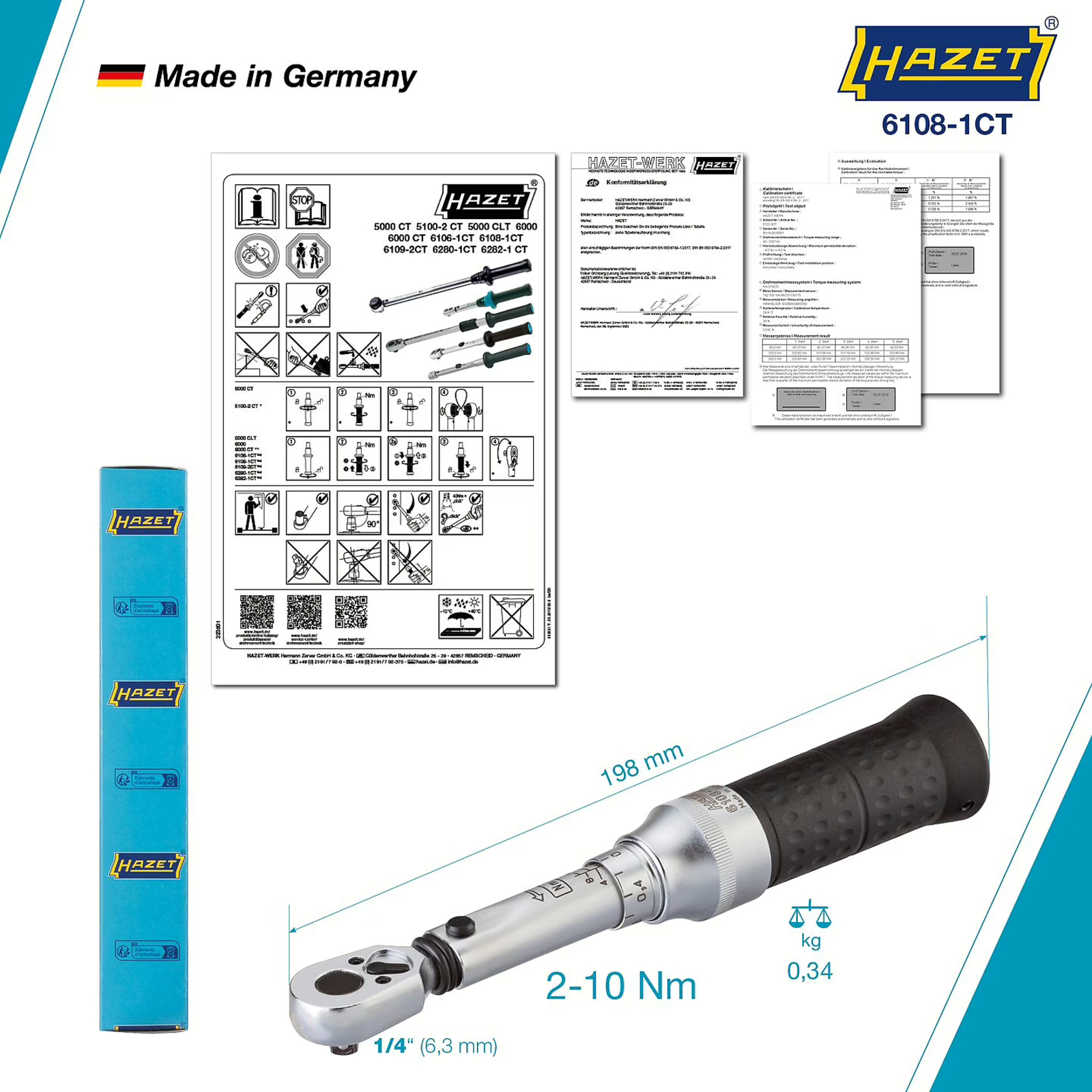 Clé dynamométrique 2-10 Nm précision 2% carré massif 1/4 pouce HAZET - 6108-1CT