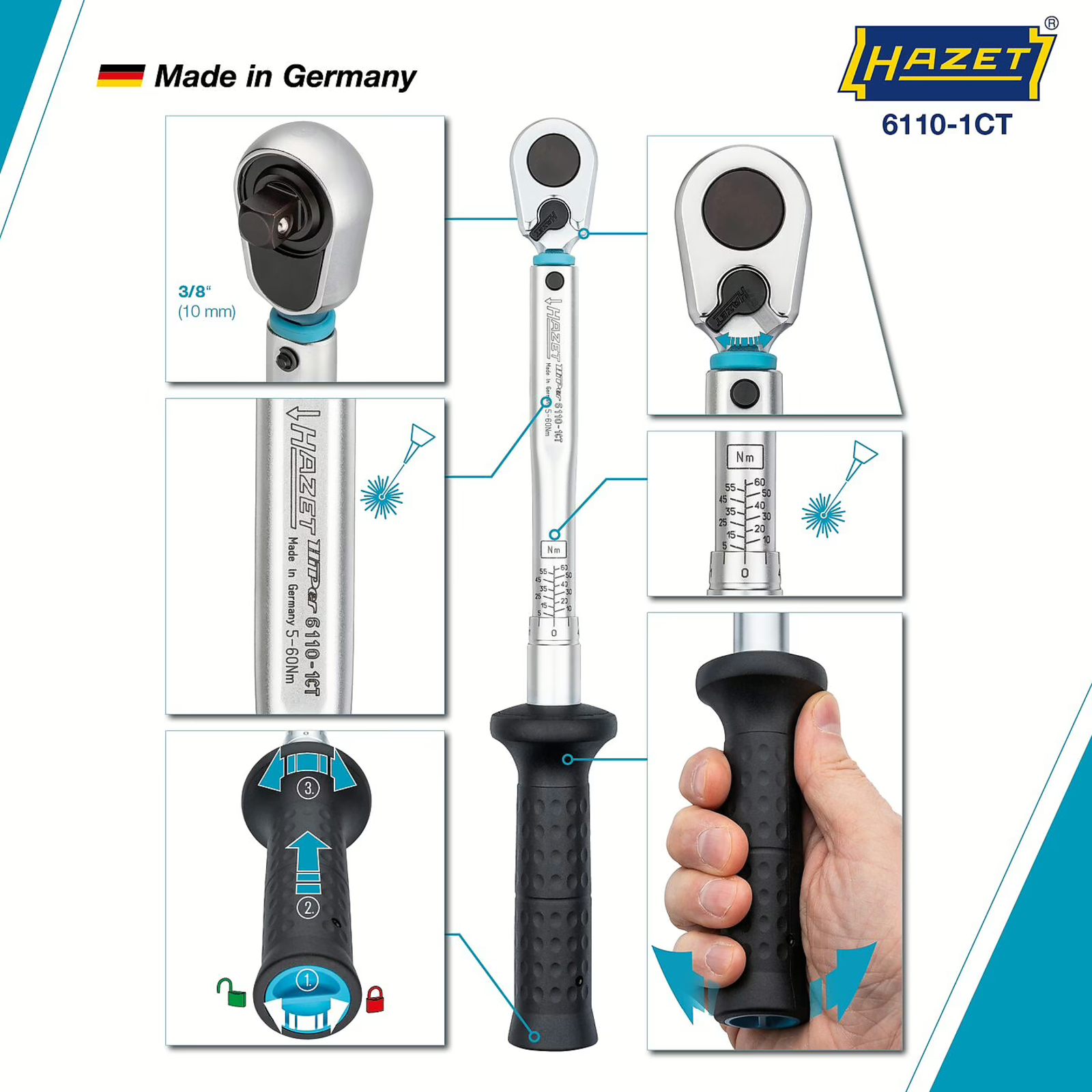 Clé dynamométrique 5-60 Nm carré massif 3/8 pouce précision 2% HAZET - 6110-1CT
