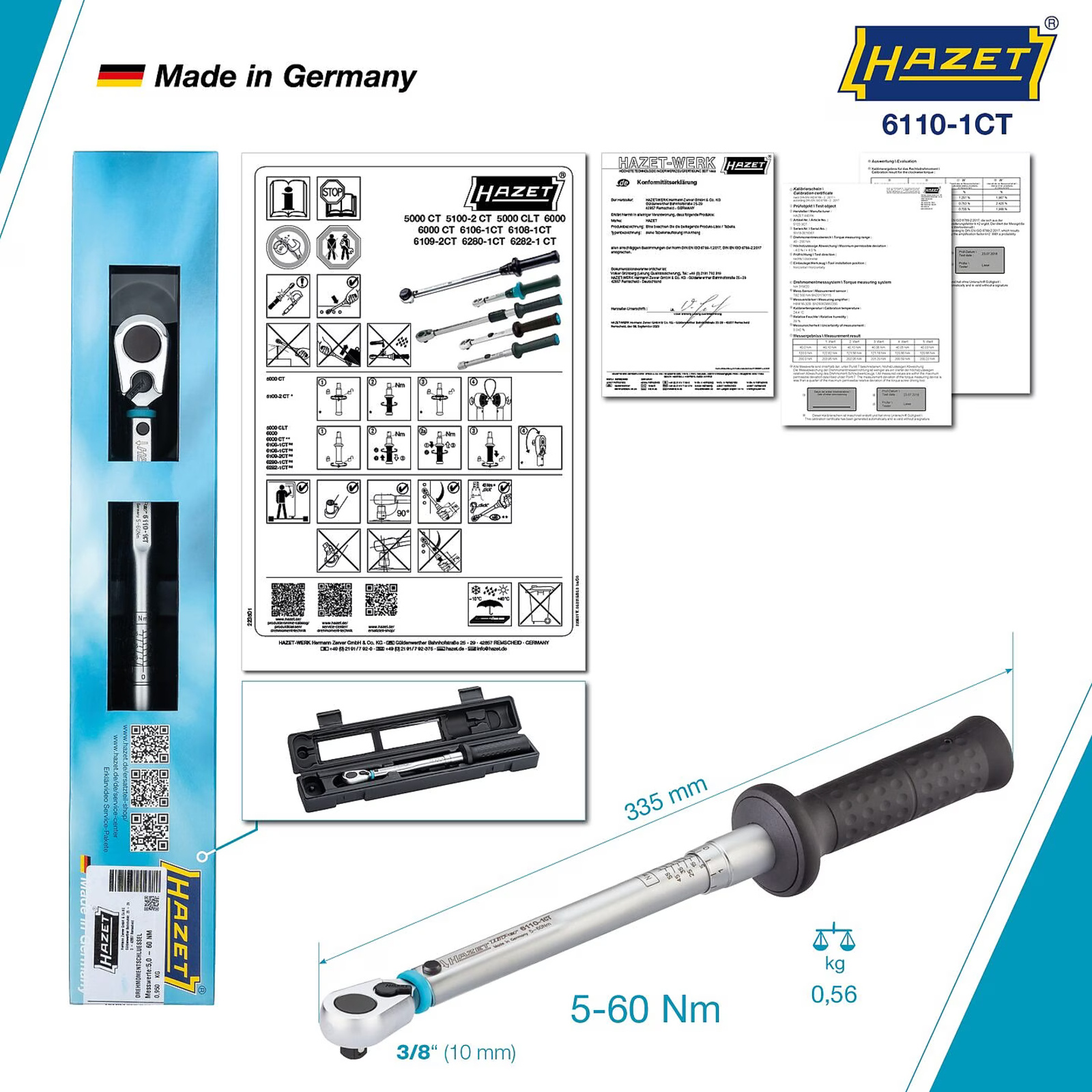 Clé dynamométrique 5-60 Nm carré massif 3/8 pouce précision 2% HAZET - 6110-1CT