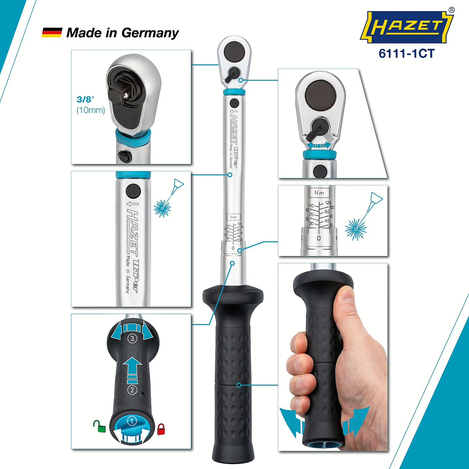 Clé dynamométrique 20–120 Nm précision 2 % carré massif 389 mm HAZET - 6111-1CT