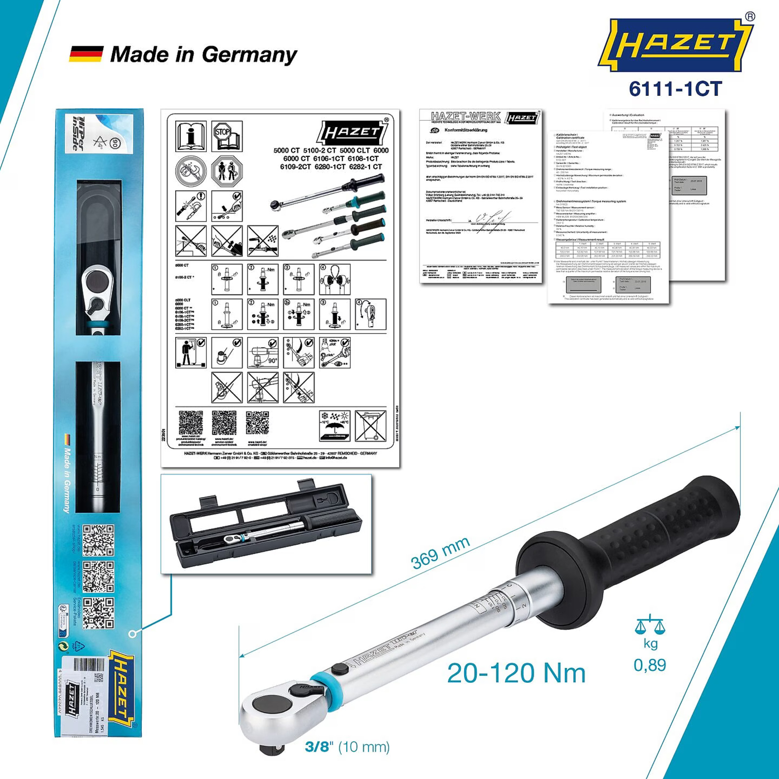 Clé dynamométrique 20–120 Nm précision 2 % carré massif 389 mm HAZET - 6111-1CT