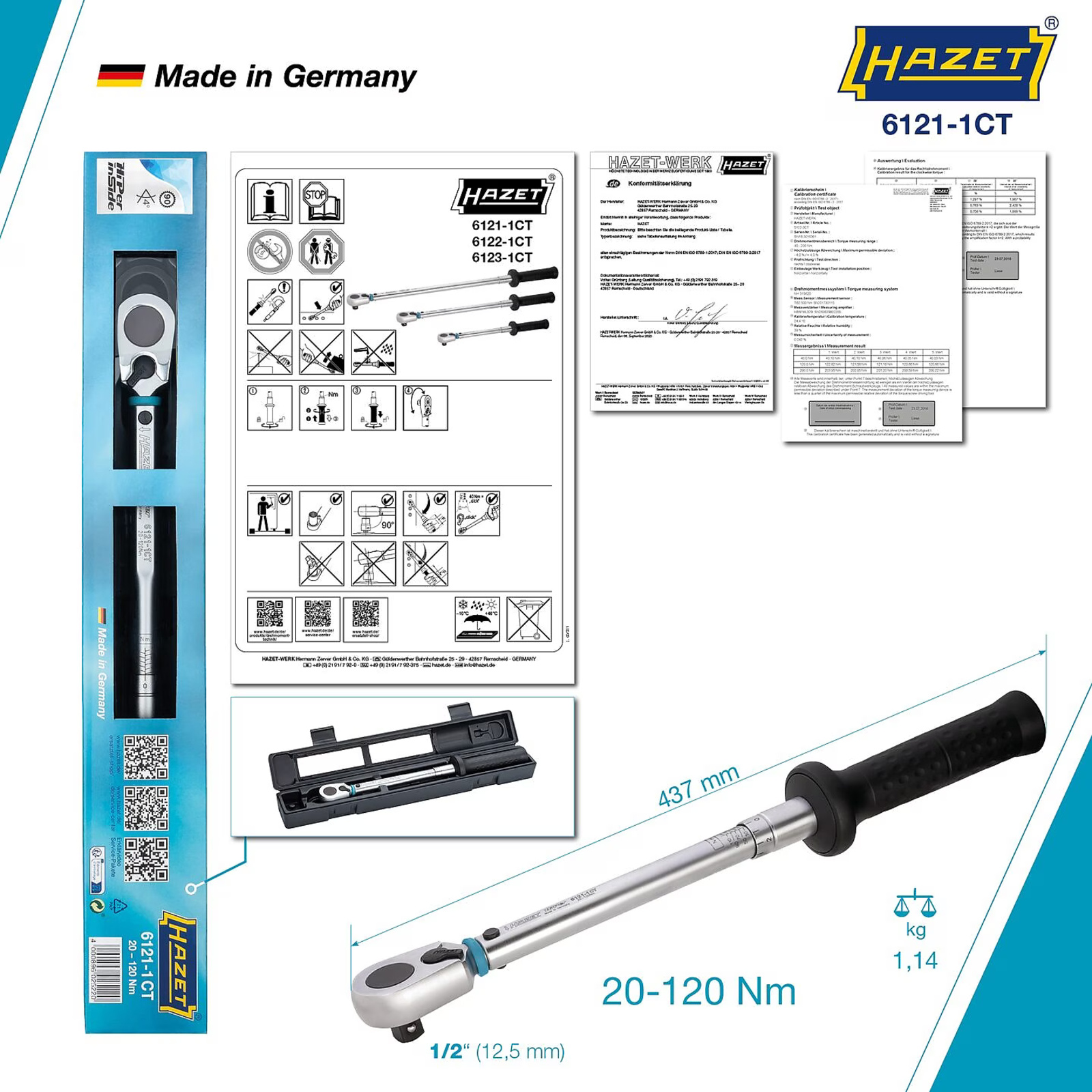 Clé dynamométrique 20-120 Nm carré massif précision 2% HAZET - 6121-1CT