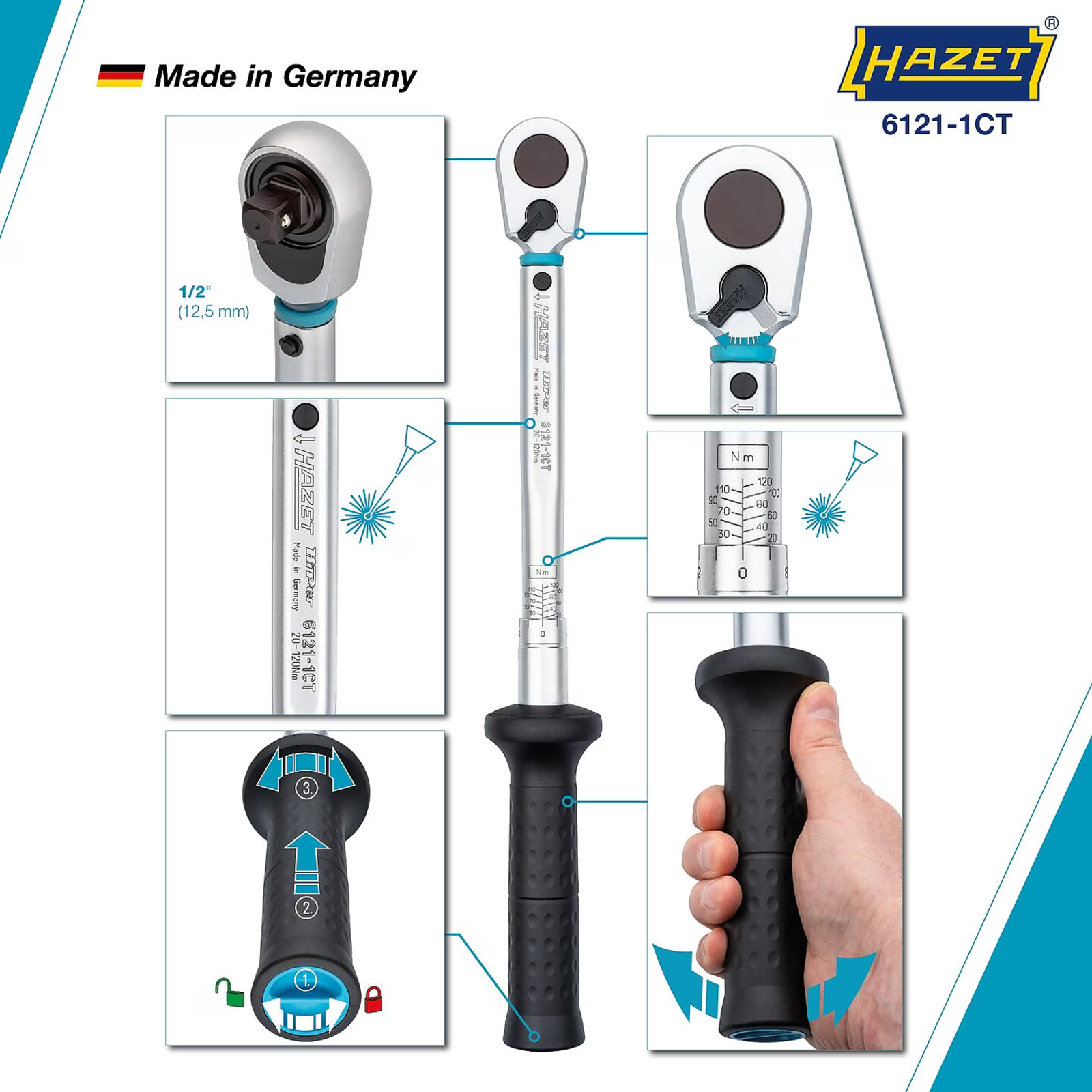 Clé dynamométrique 20-120 Nm carré massif précision 2% HAZET - 6121-1CT