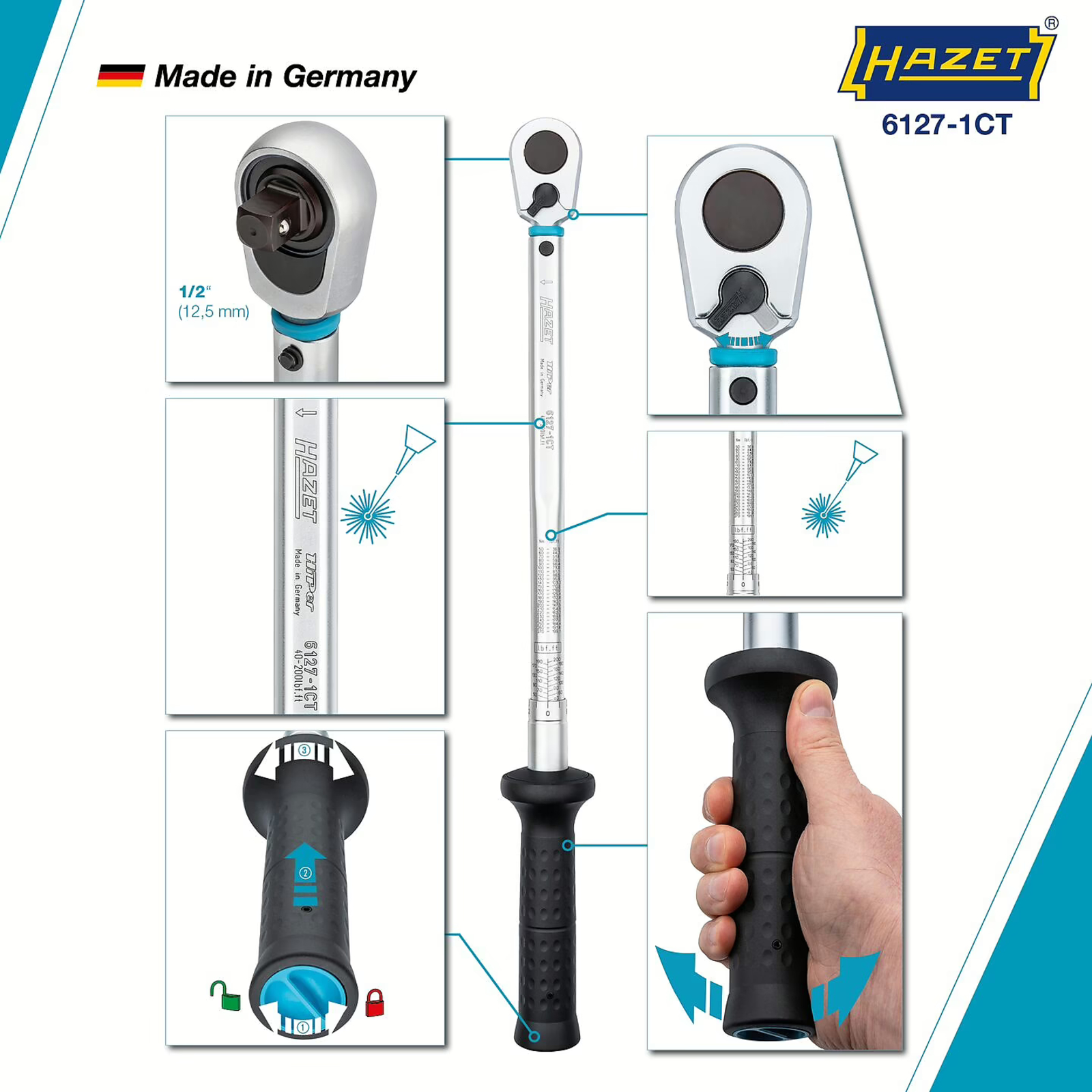 Clé dynamométrique 54,2-271,2 Nm norme américaine avec cliquet HiPer 90 dents HAZET - 6127-1CT