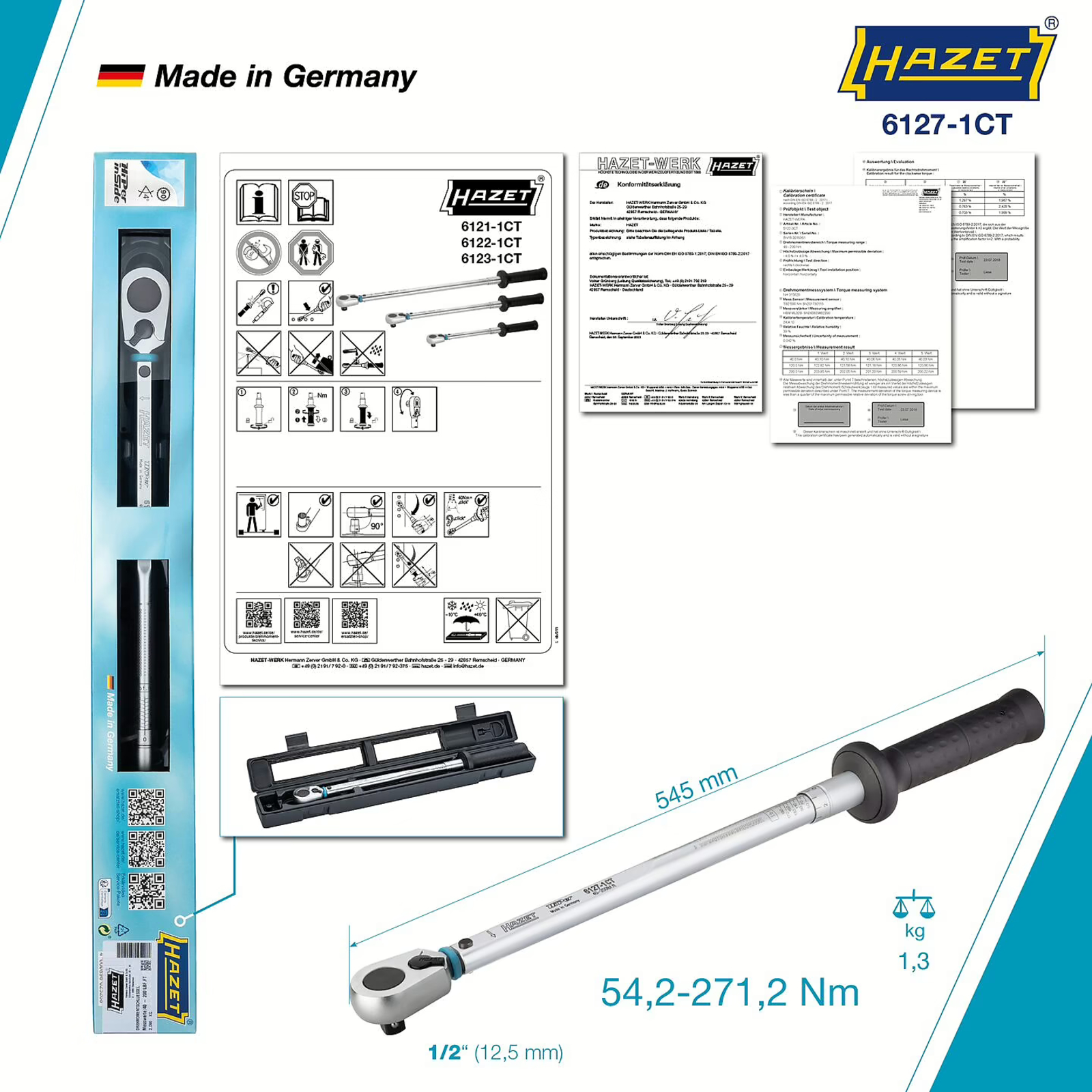 Clé dynamométrique 54,2-271,2 Nm norme américaine avec cliquet HiPer 90 dents HAZET - 6127-1CT