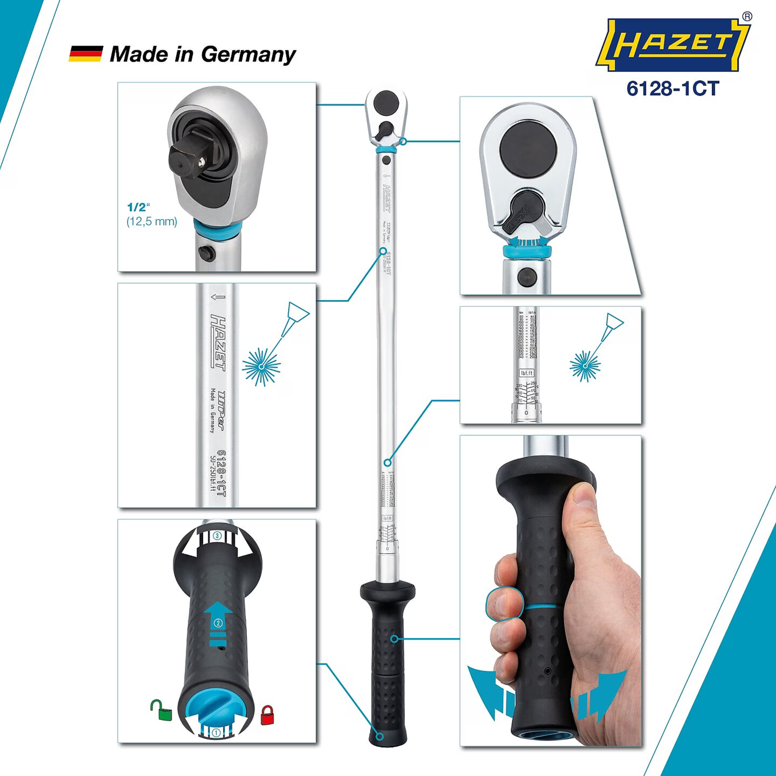 Clé dynamométrique 67,8–339 Nm norme américaine 660 mm avec cliquet HiPer HAZET - 6128-1CT