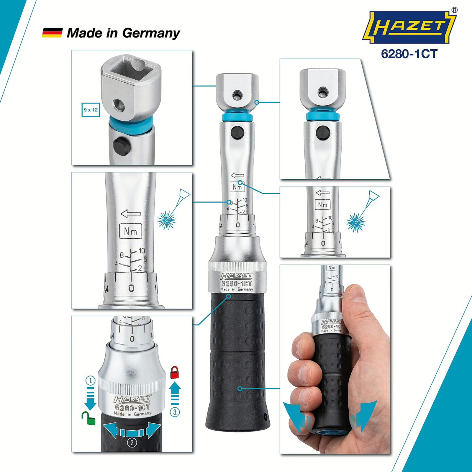 Clé dynamométrique 2–10 Nm carré femelle 9 x 12 mm précision 2% avec certificat HAZET - 6280-1CT