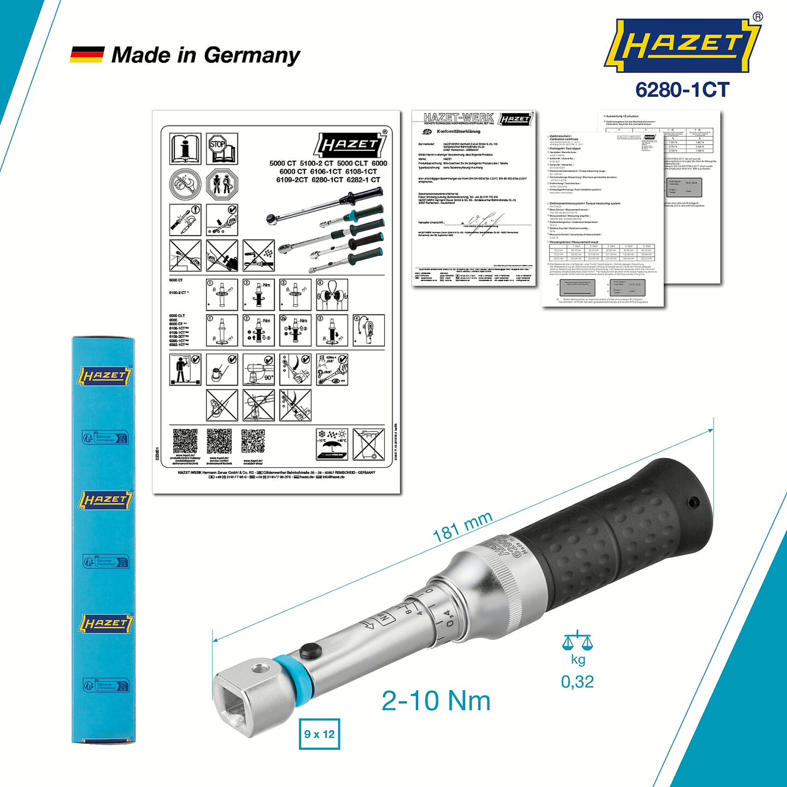 Clé dynamométrique 2–10 Nm carré femelle 9 x 12 mm précision 2% avec certificat HAZET - 6280-1CT