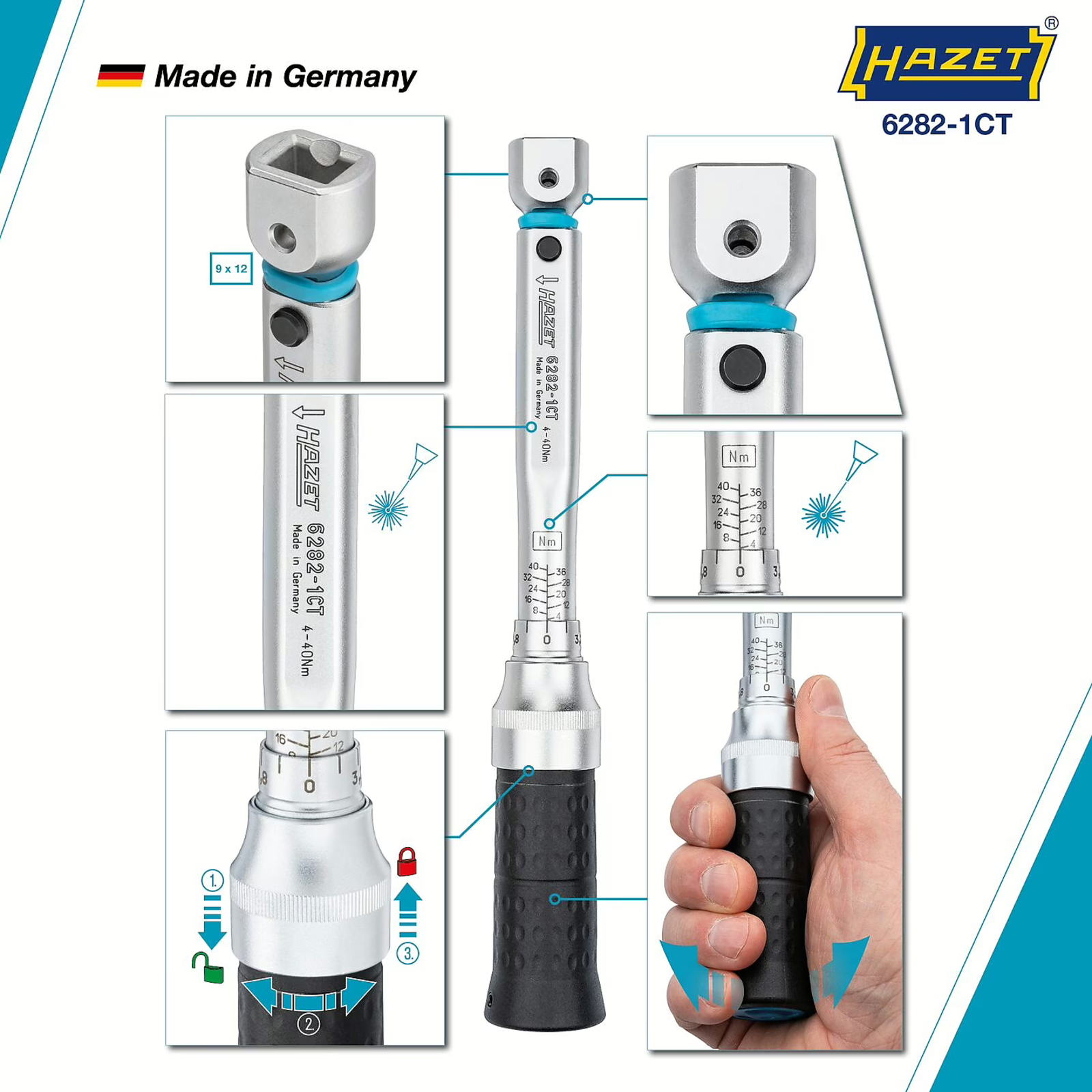 Clé dynamométrique 4–40 Nm précision 2% carré femelle 9 x 12 mm HAZET - 6282-1CT