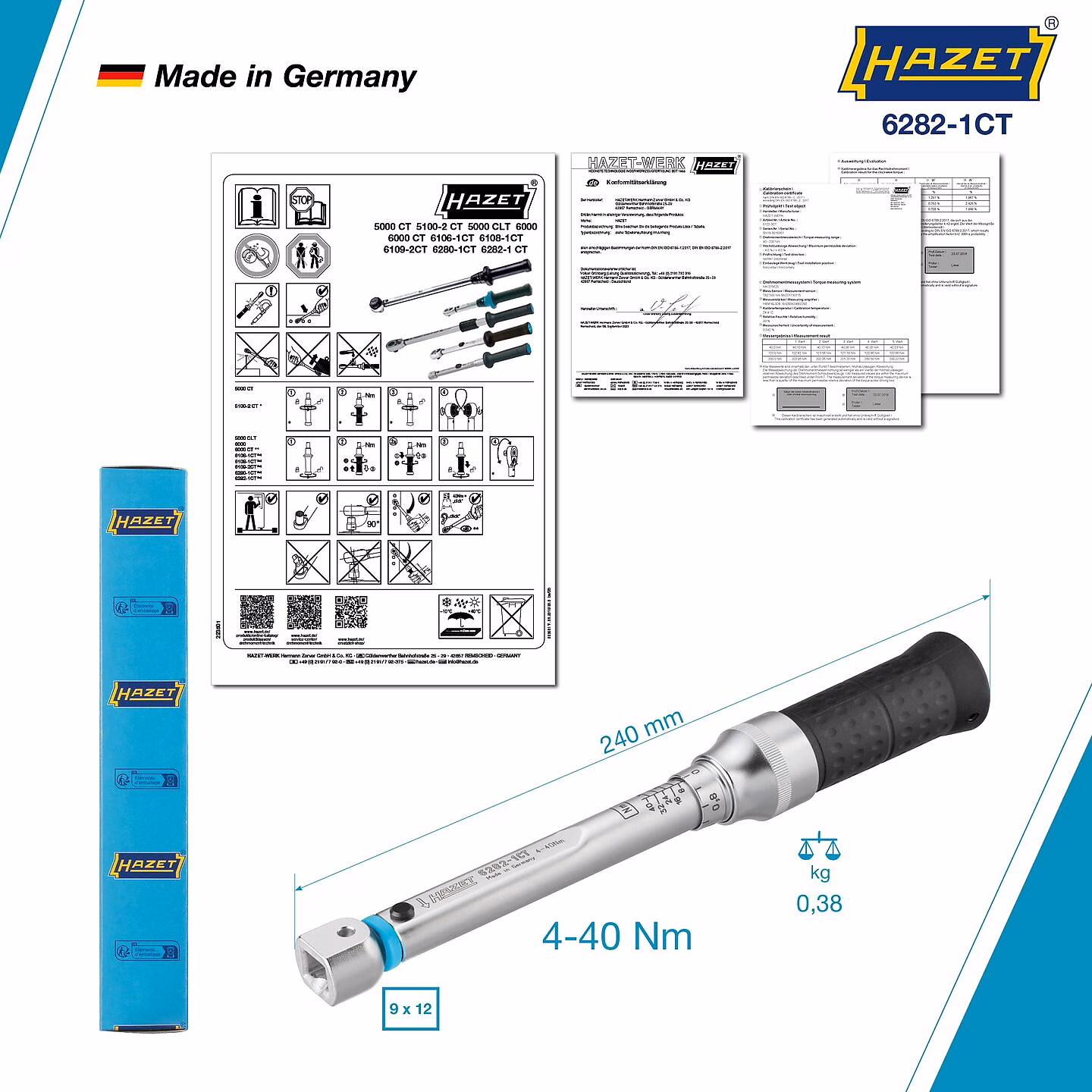 Clé dynamométrique 4–40 Nm précision 2% carré femelle 9 x 12 mm HAZET - 6282-1CT