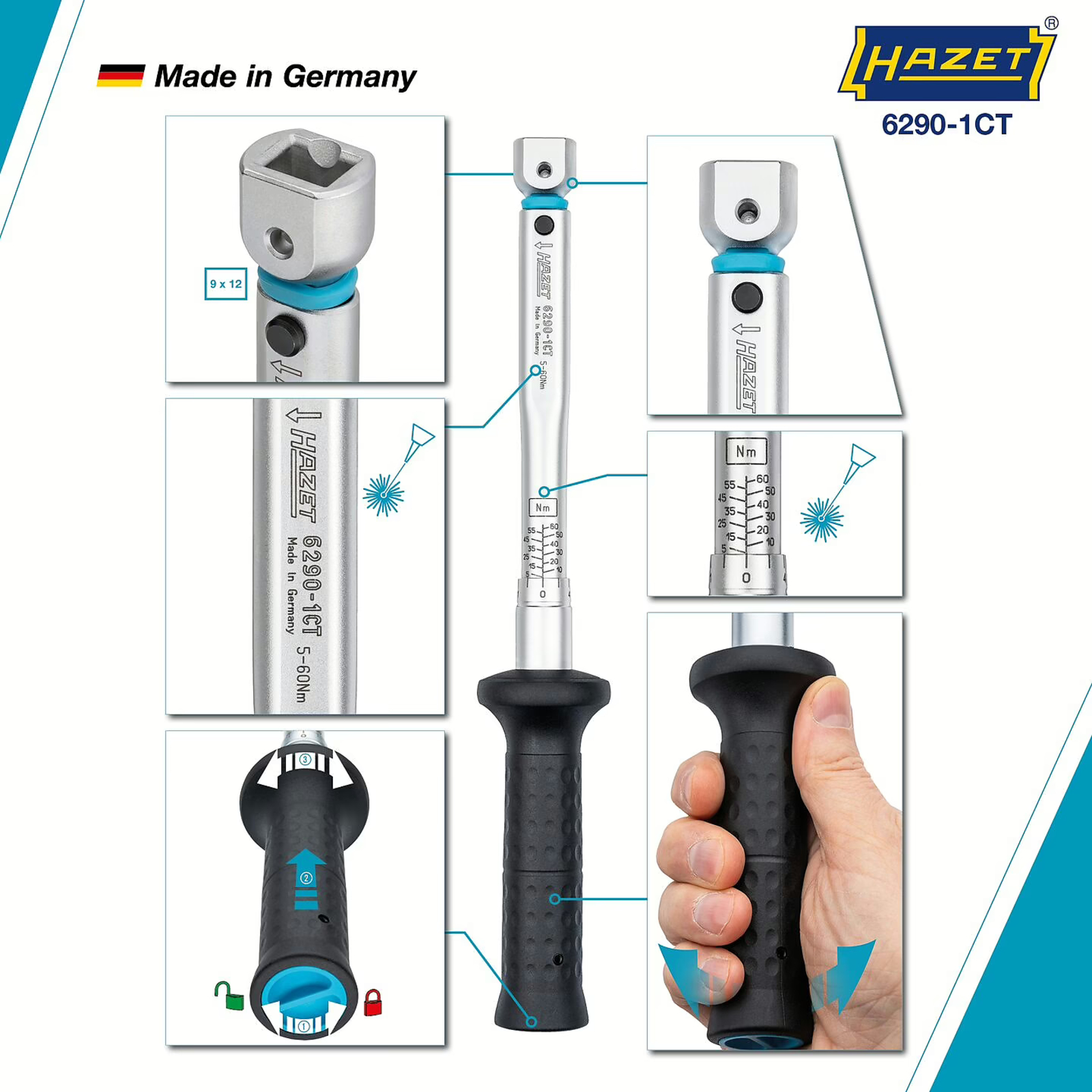 Clé dynamométrique 5-60 Nm carré femelle 9 x 12 mm précision 2% HAZET - 6290-1CT