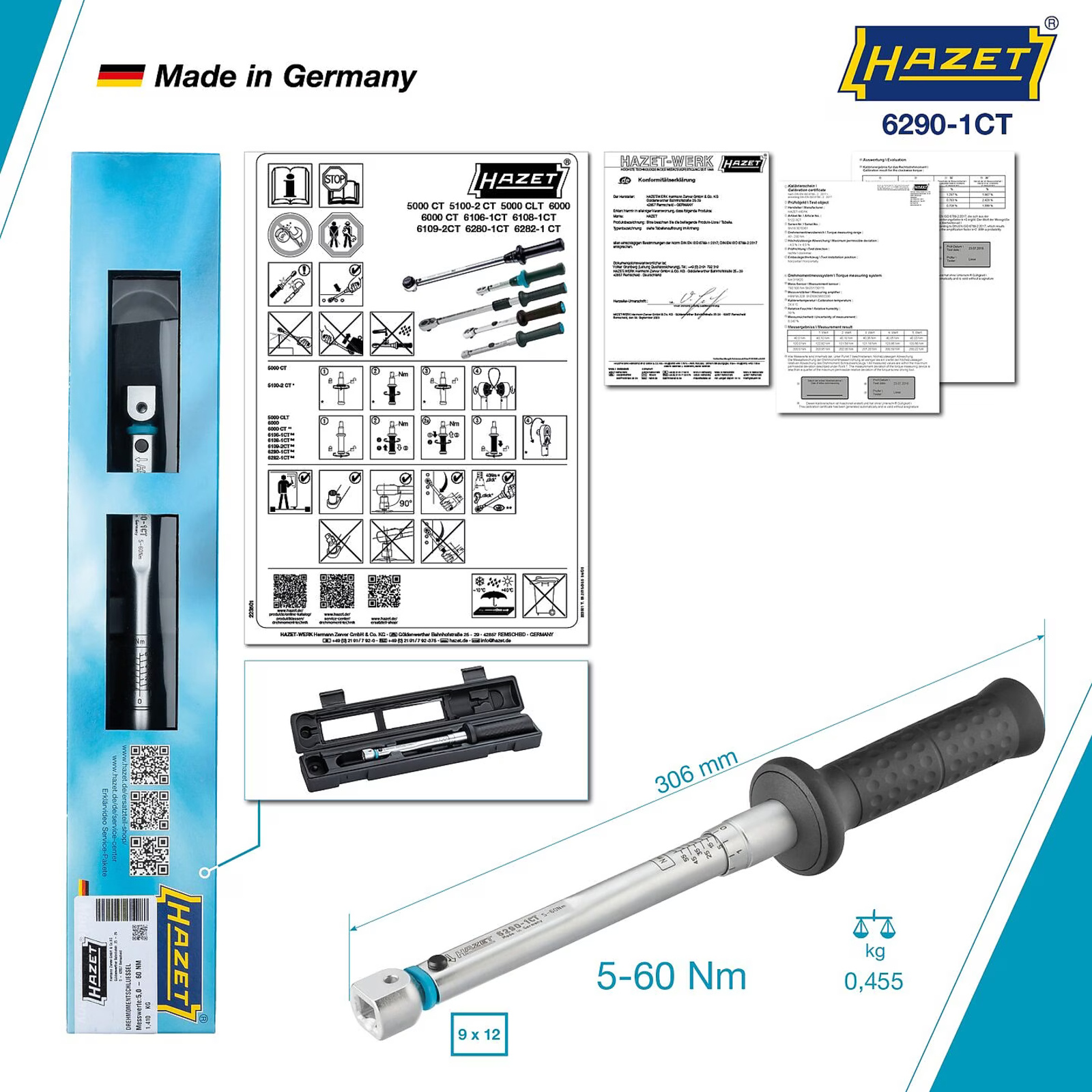 Clé dynamométrique 5-60 Nm carré femelle 9 x 12 mm précision 2% HAZET - 6290-1CT