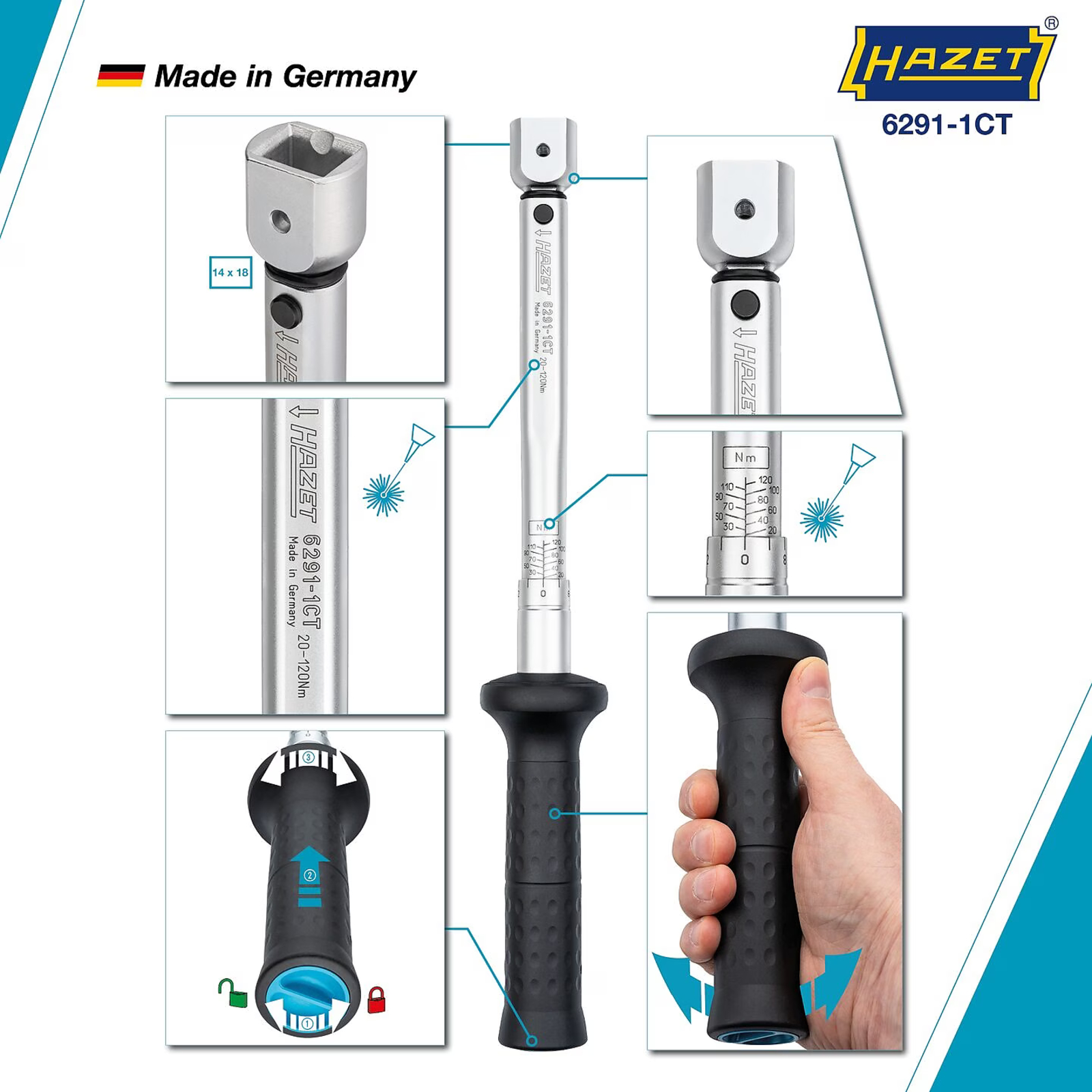 Clé dynamométrique 20-120 Nm carré femelle 14 x 18 précision 2 % avec certificat HAZET - 6291-1CT