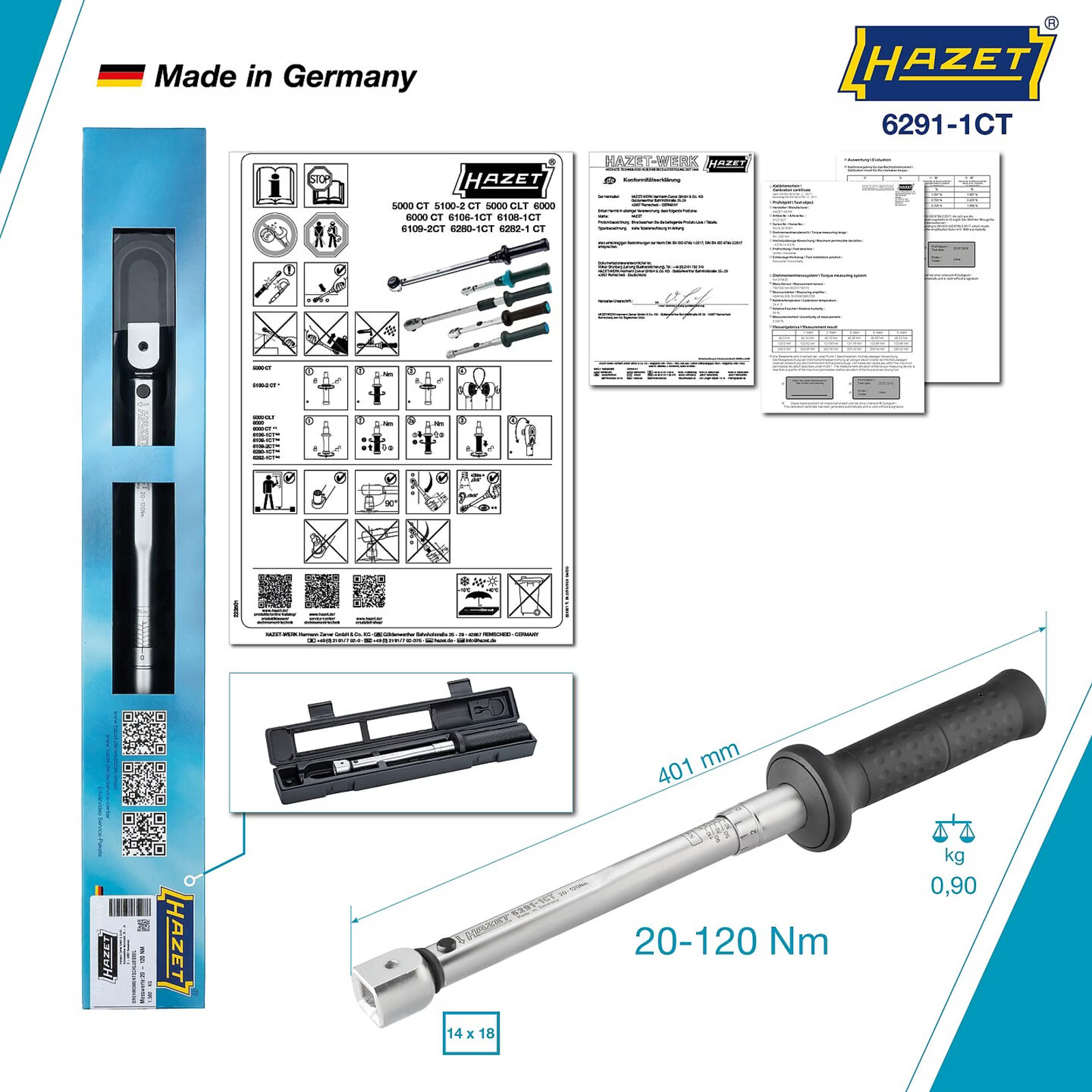 Clé dynamométrique 20-120 Nm carré femelle 14 x 18 précision 2 % avec certificat HAZET - 6291-1CT