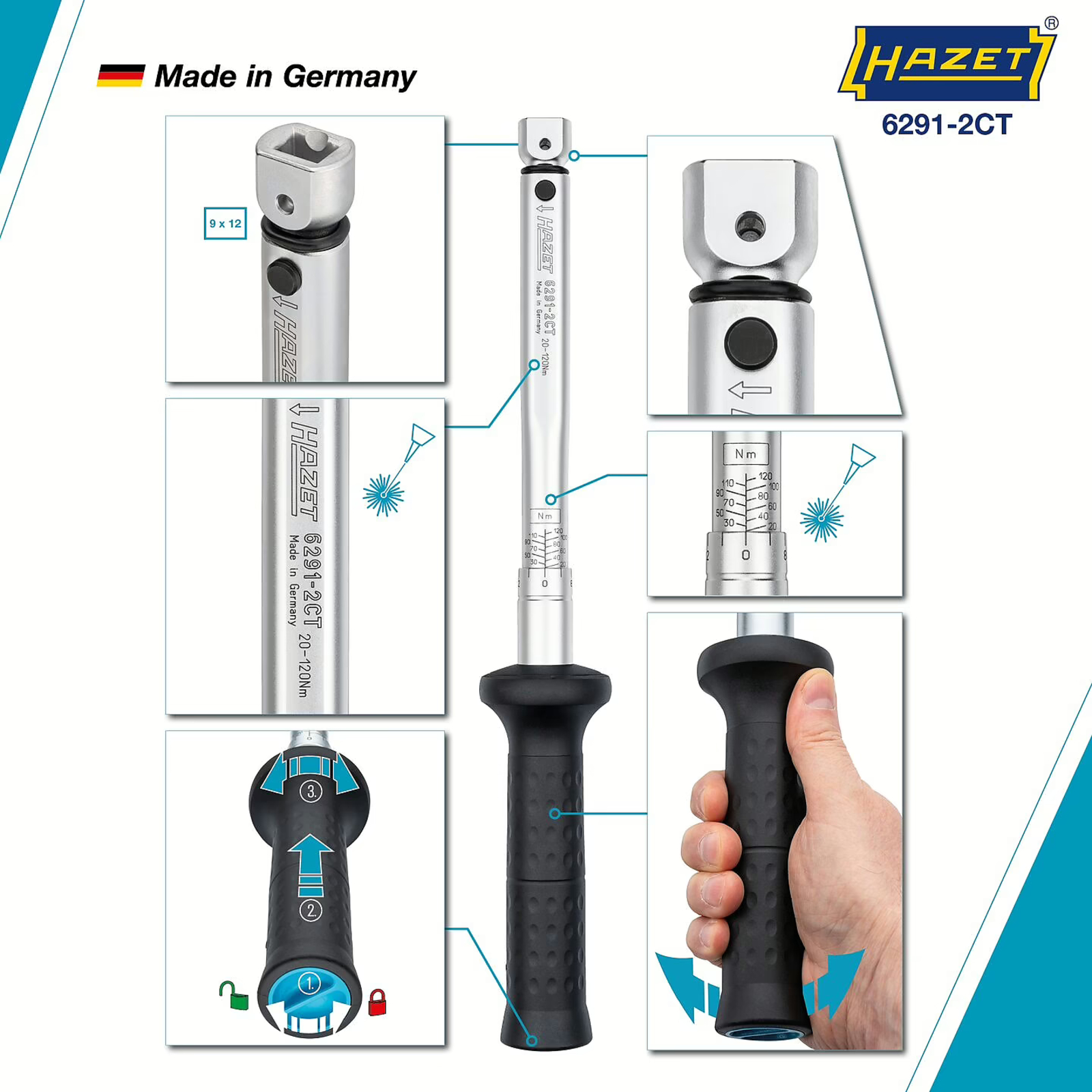 Clé dynamométrique 20-120 Nm carré femelle 9 x 12 mm précision 2% avec certificat HAZET - 6291-2CT