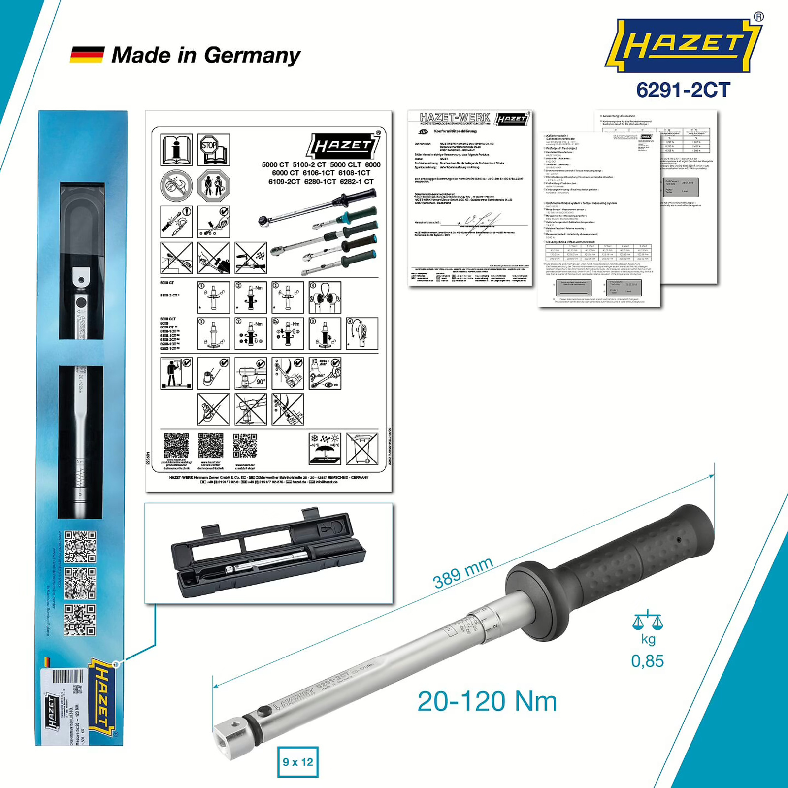 Clé dynamométrique 20-120 Nm carré femelle 9 x 12 mm précision 2% avec certificat HAZET - 6291-2CT